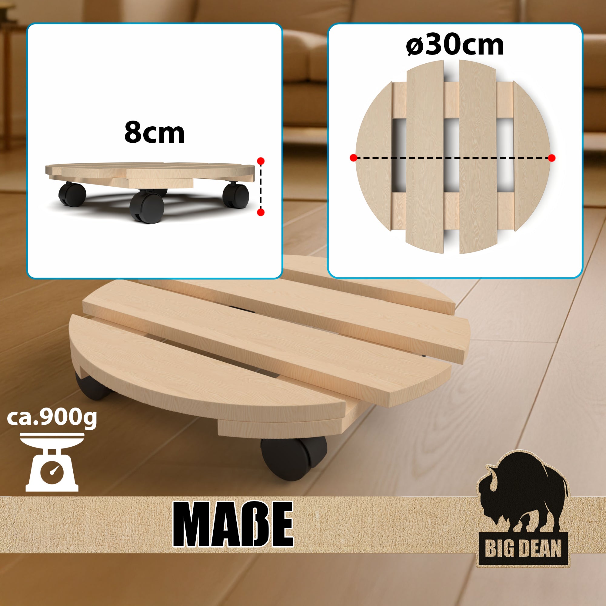 BigDean Pflanzenroller Holz Rund 30cm 3er Set 120kg