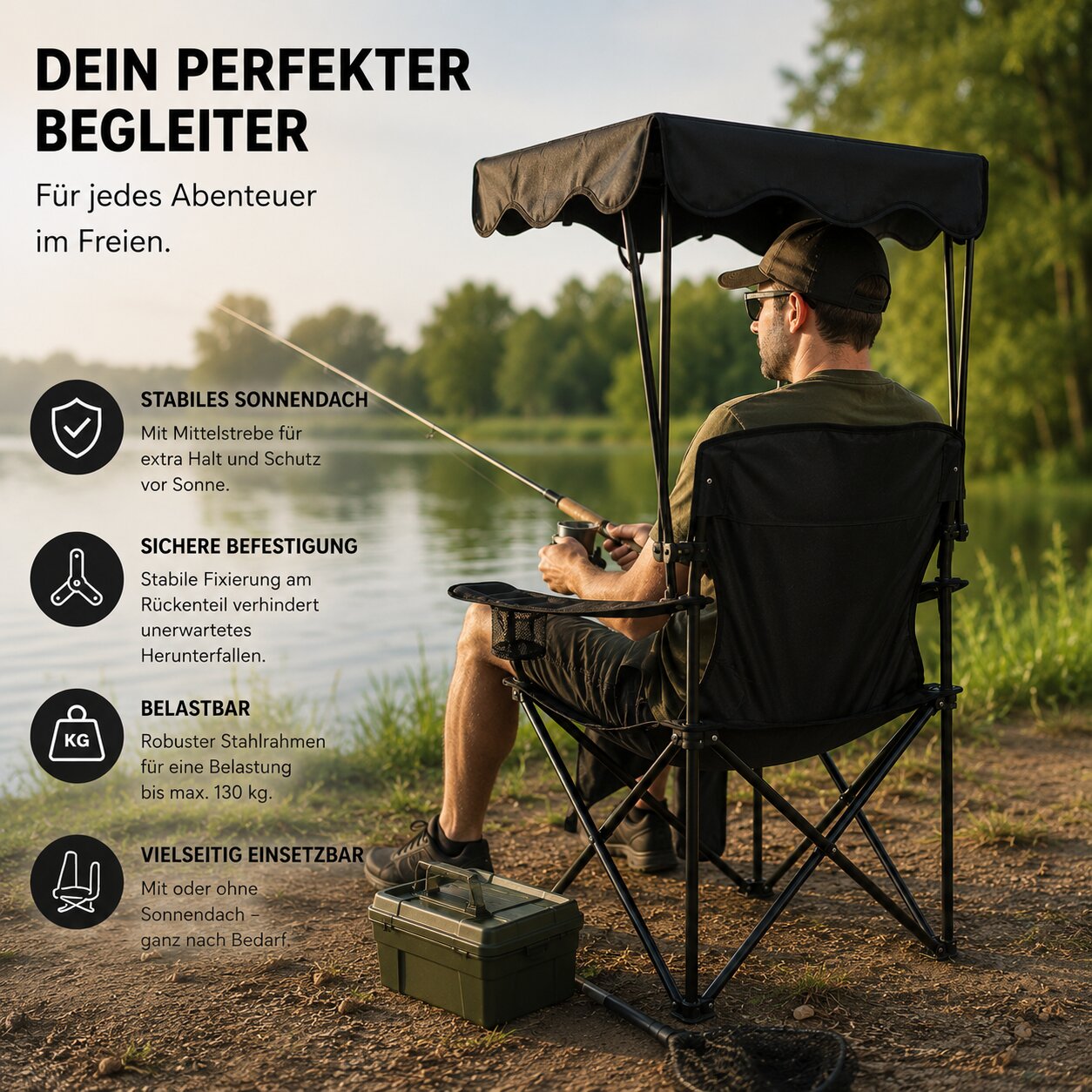 BigDean Garten Campingstuhl Sonnenschutz Schwarz mit Dach 2-in-1
