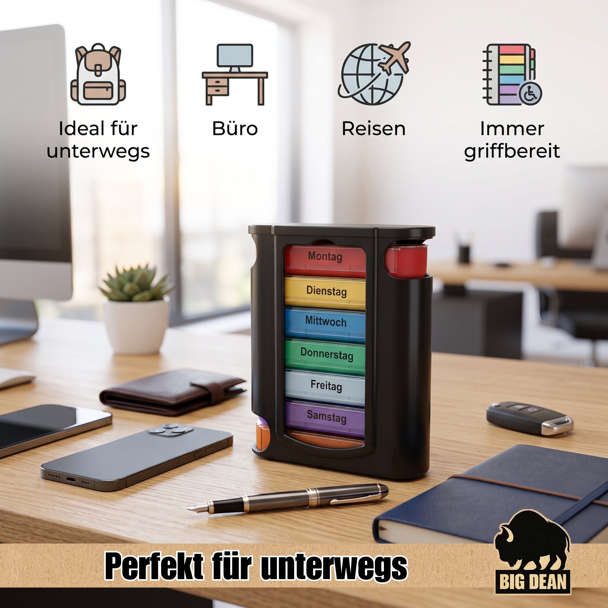 BigDean Haushalt Tablettenbox 7 Tage schwarz 10er Pack 4-Fächer