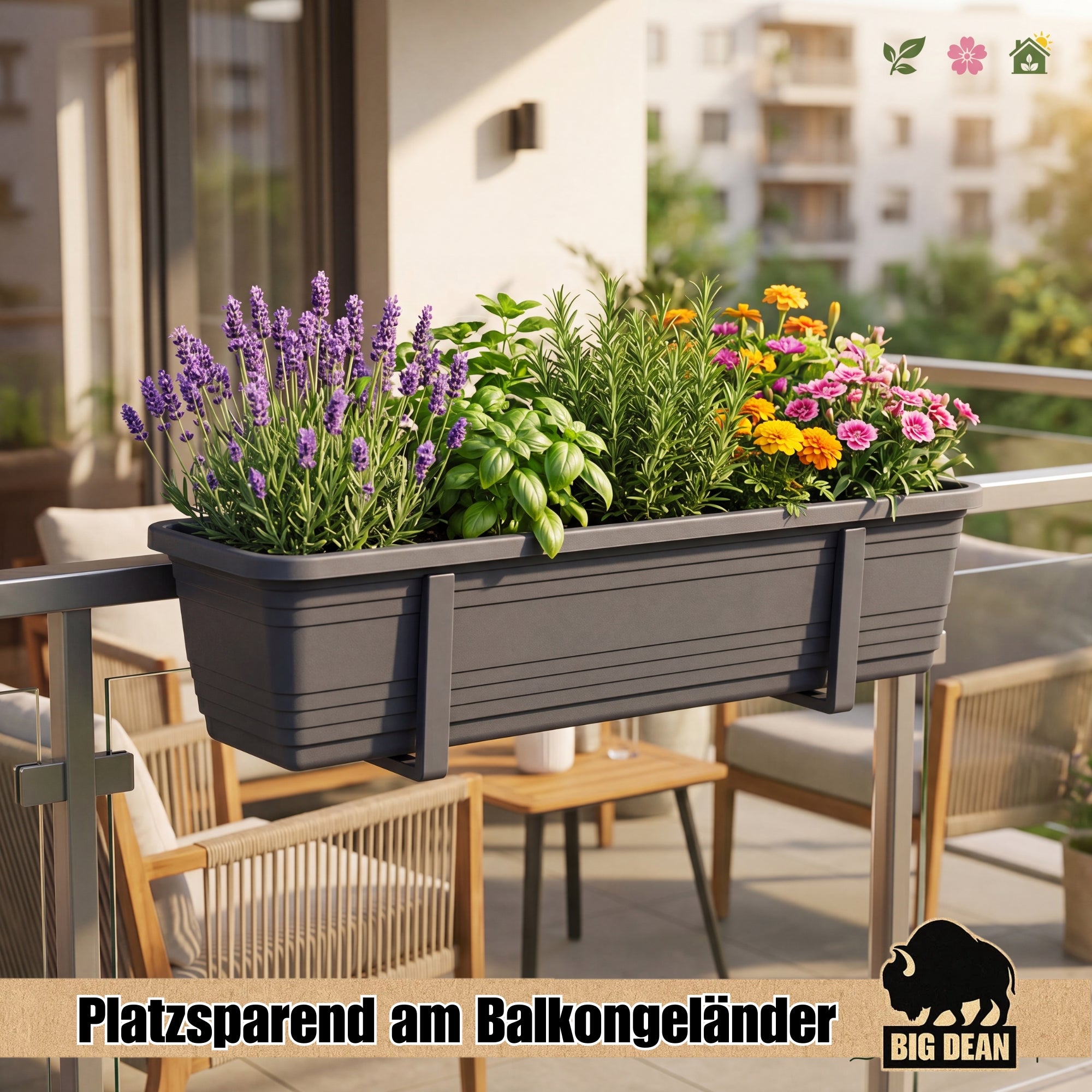 BigDean Garten Blumenkasten 60cm anthrazit 3er mit Halter