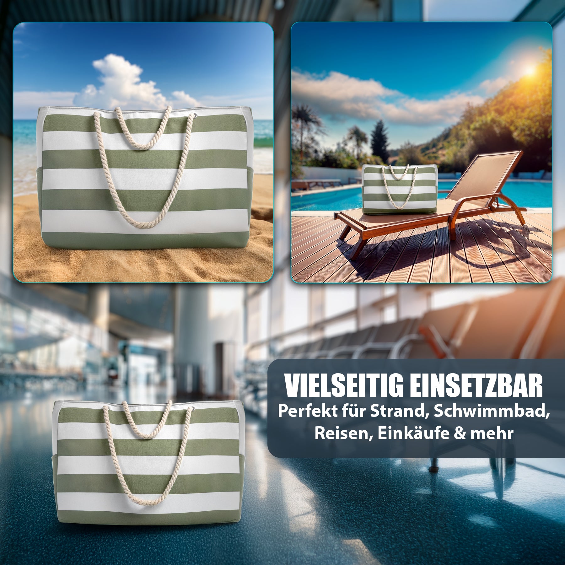 BigDean Strandtasche XXL Badetasche Grün-Weiß 53x38x20cm