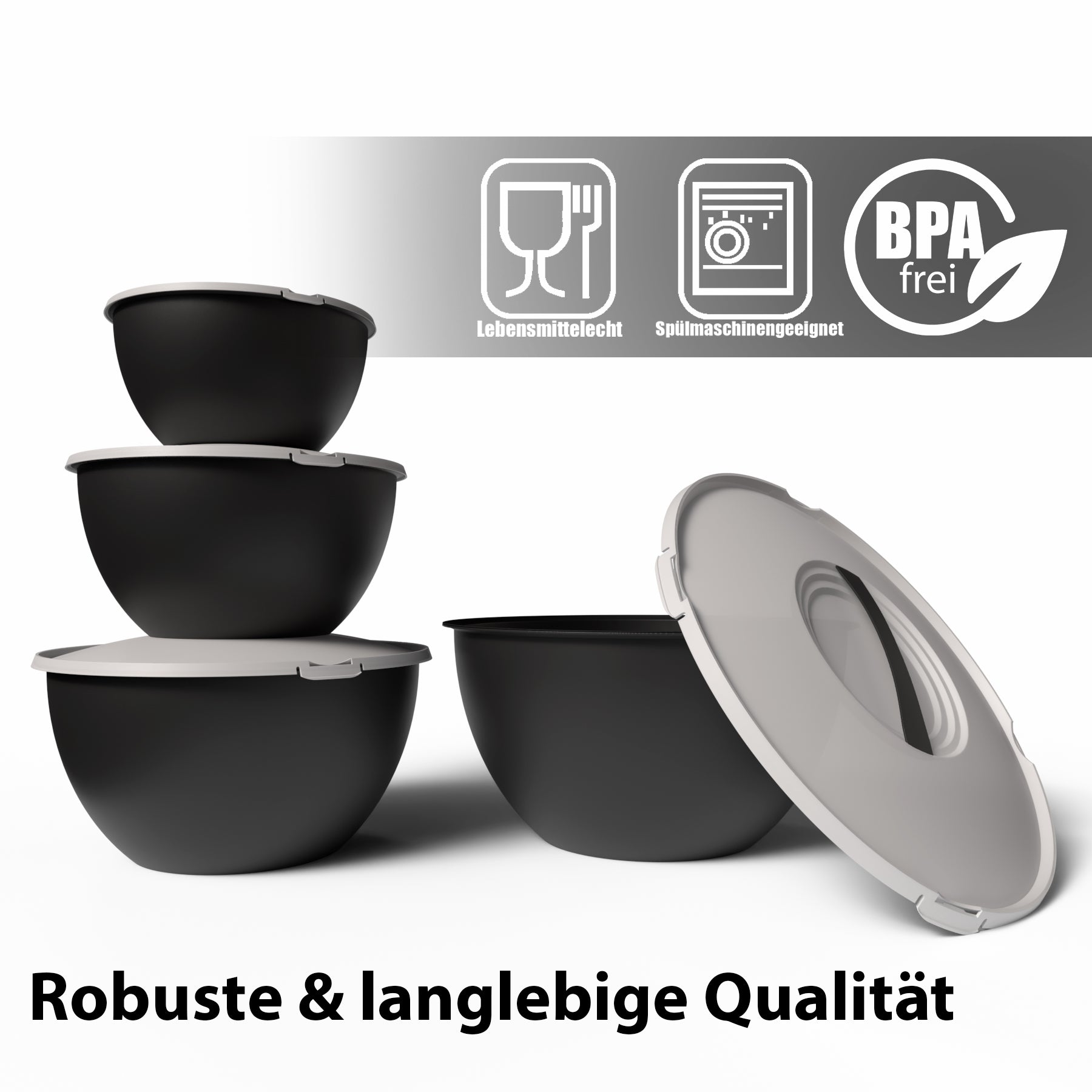 BigDean Küche Salatschüssel Set 4tlg 0,7-6L Anthrazit Deckel