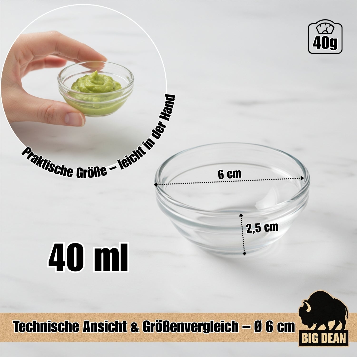 BigDean Küche & Vorrat Glasschüssel 6 cm 40 ml 12er Set gehärtet