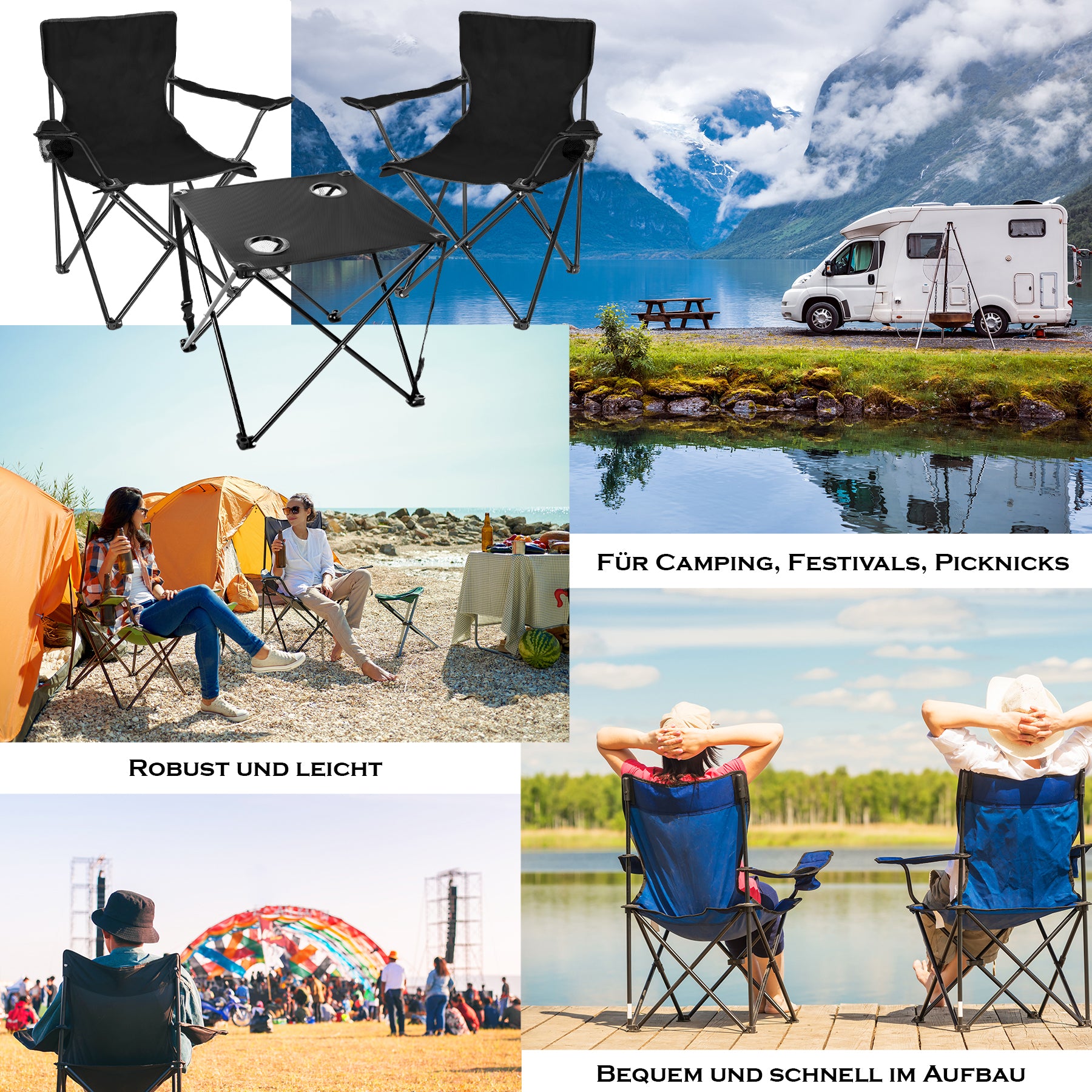 BigDean Campingset Tisch mit Stühlen schwarz 2 Personen faltbar