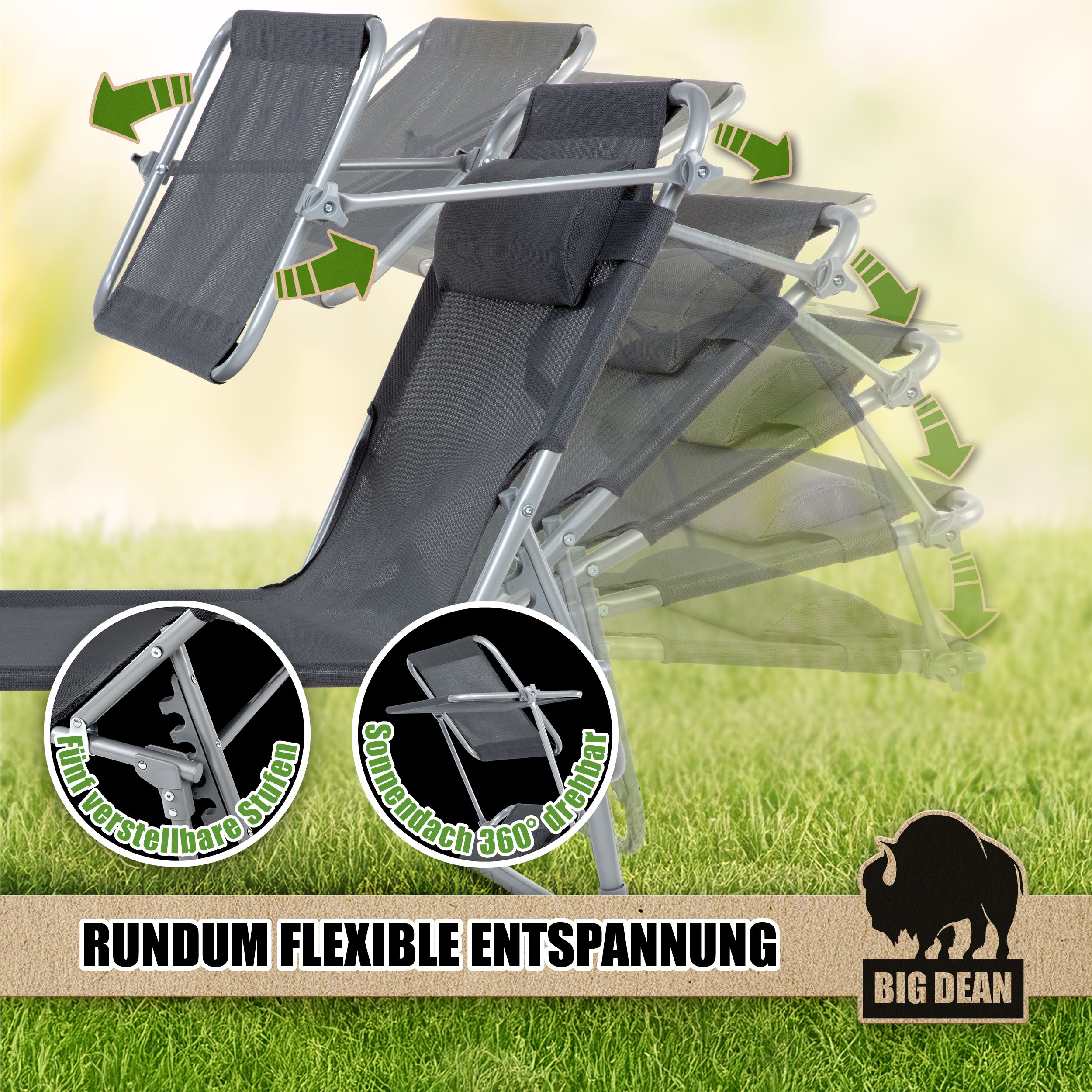 BigDean Garten Sonnenliege klappbar Dach Kissen dunkelgrau 150 kg