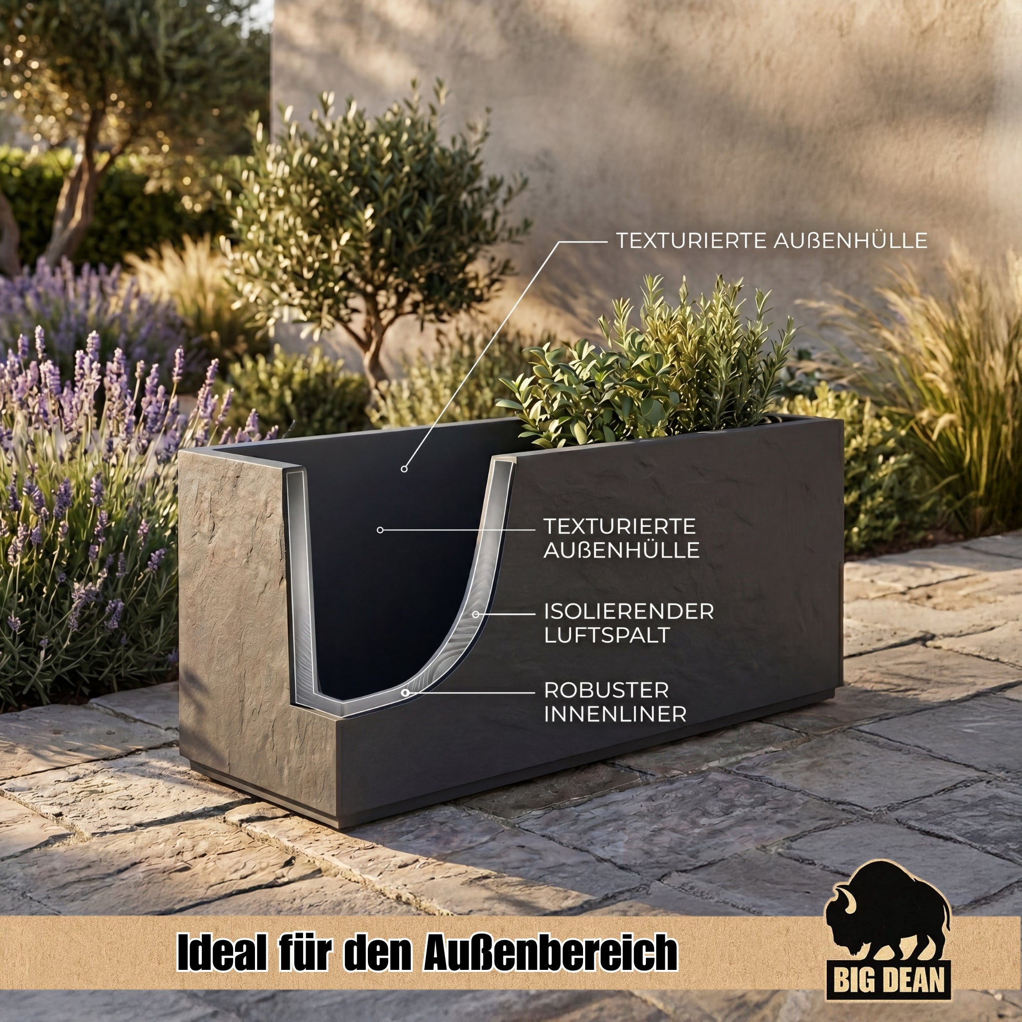 BigDean Pflanzkübel Gross 100 cm Schiefer-Optik Wasserspeicher rechteckig