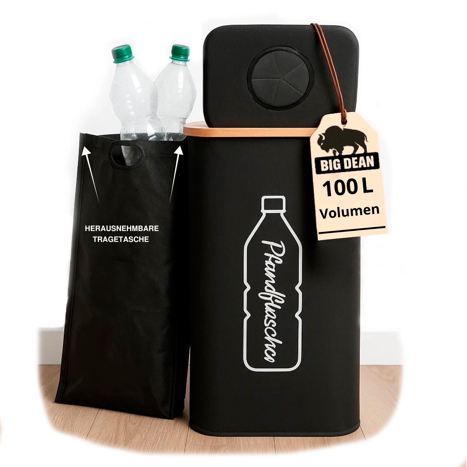 BigDean Pfandflaschen Behälter 100L mit Deckel und Tasche