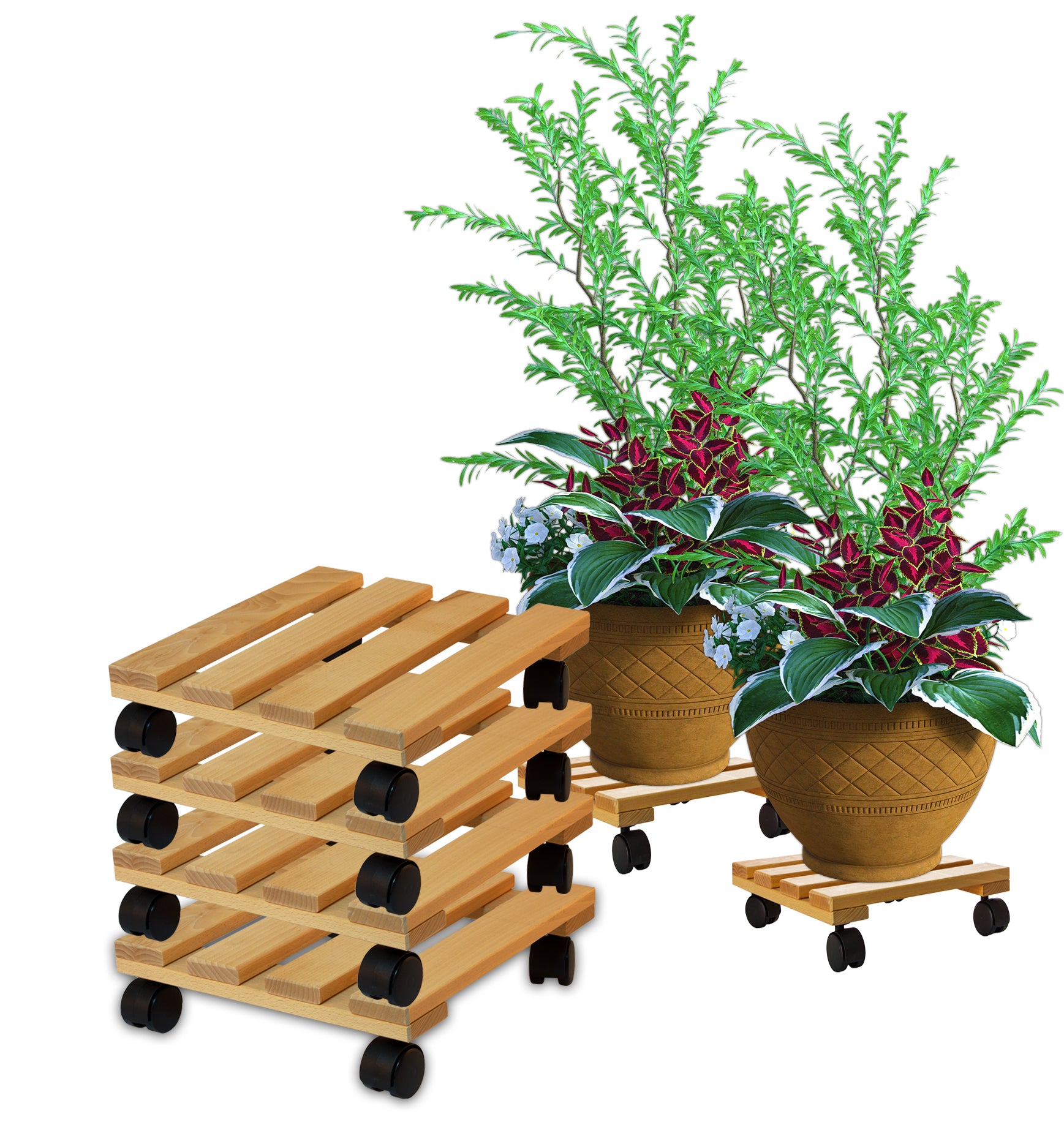 BigDean Pflanzenroller eckig Buchenholz 30x30 cm 4er Set 120 kg