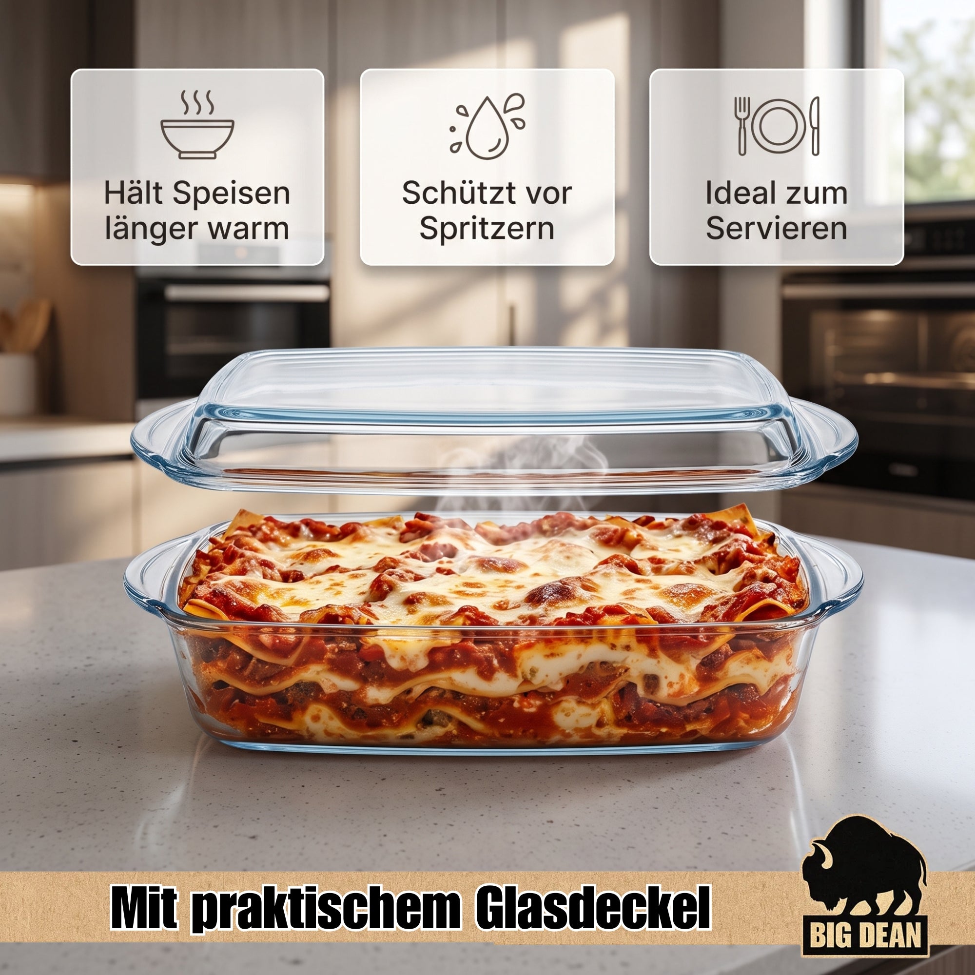 BigDean Auflaufform mit Deckel 5,8L Glasbräter rechteckig