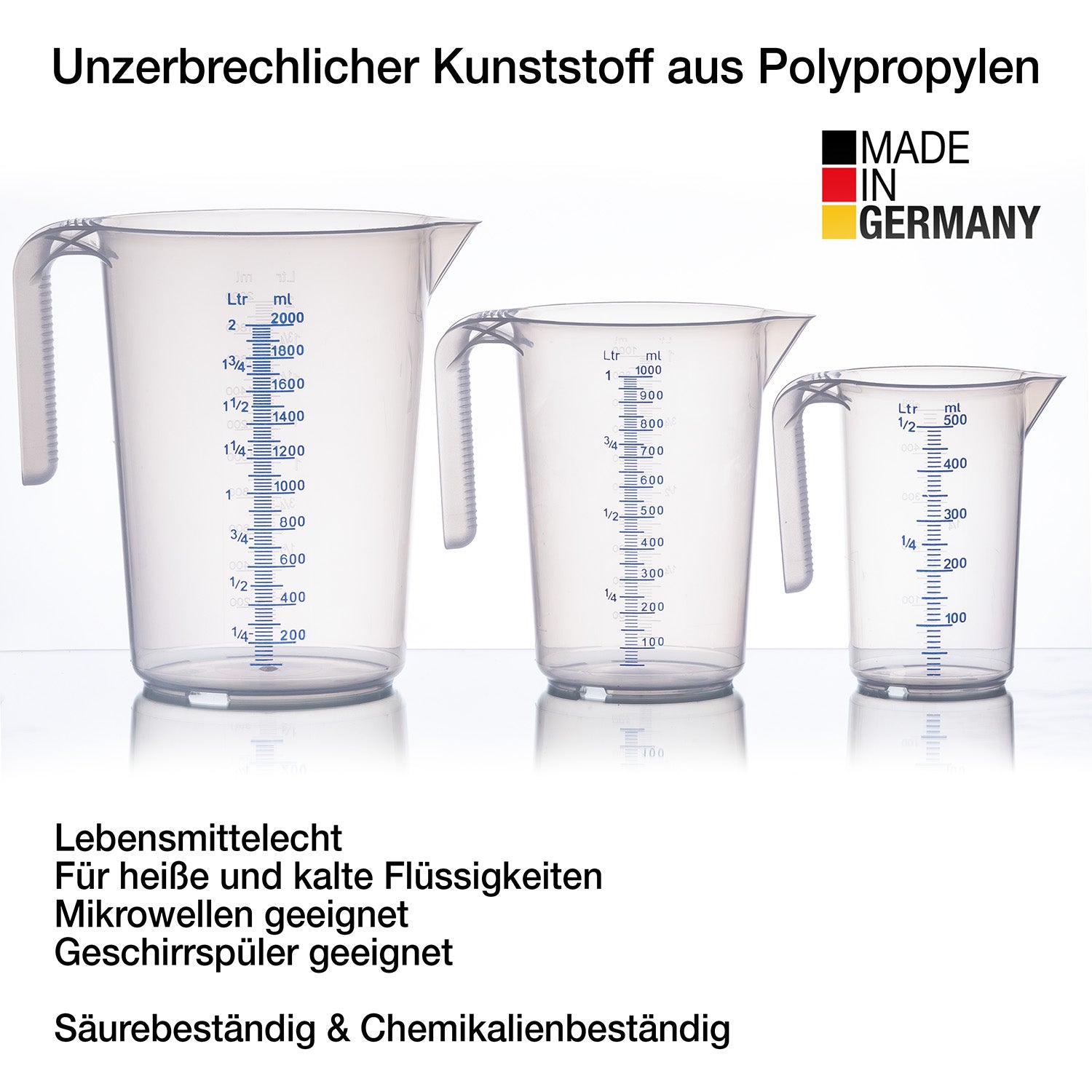 BigDean Messbecher-Set 3-tlg 0,5L 1L 2L Transparent Blau