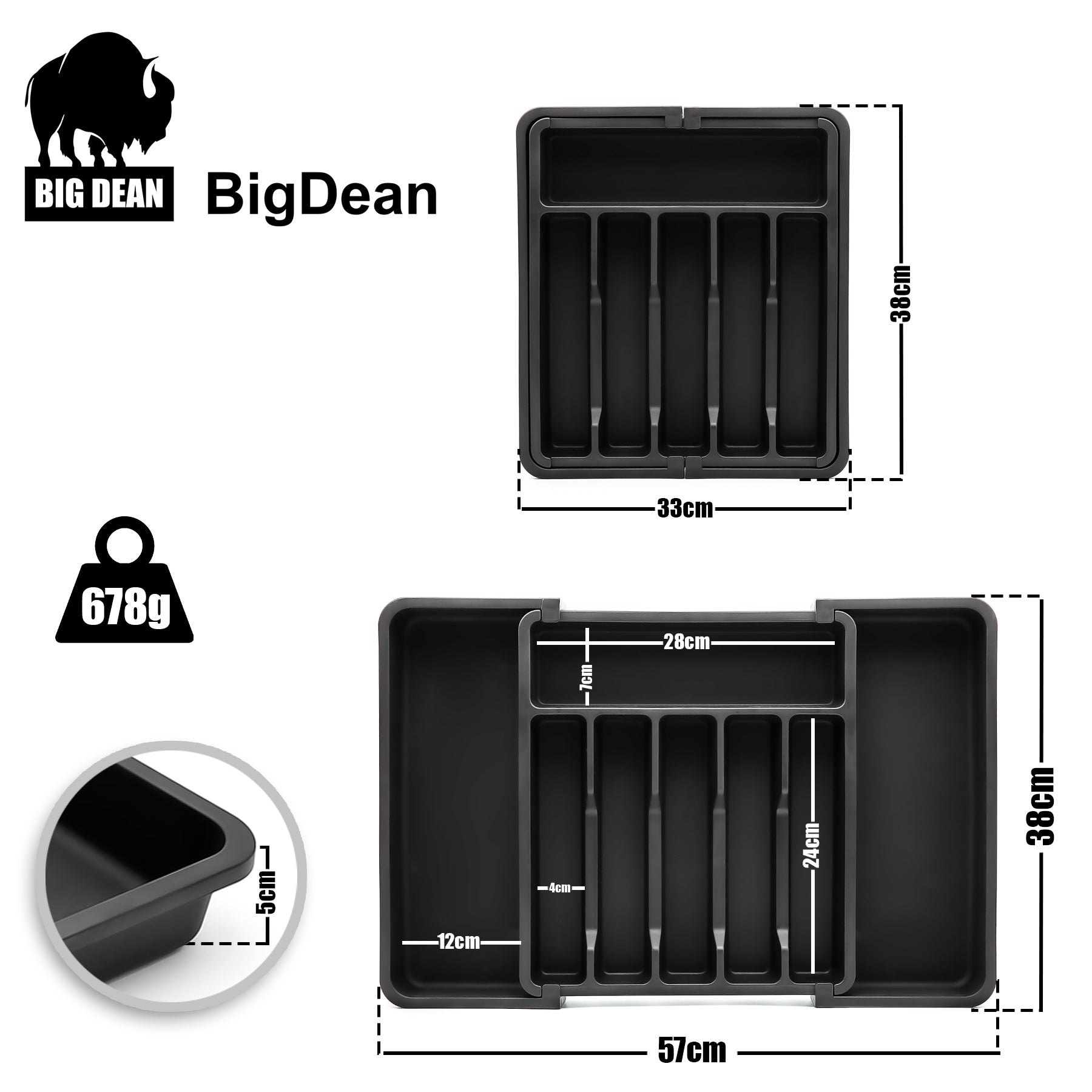BigDean Küche Besteckeinsatz Schwarz Ausziehbar 33-57cm Kunststoff