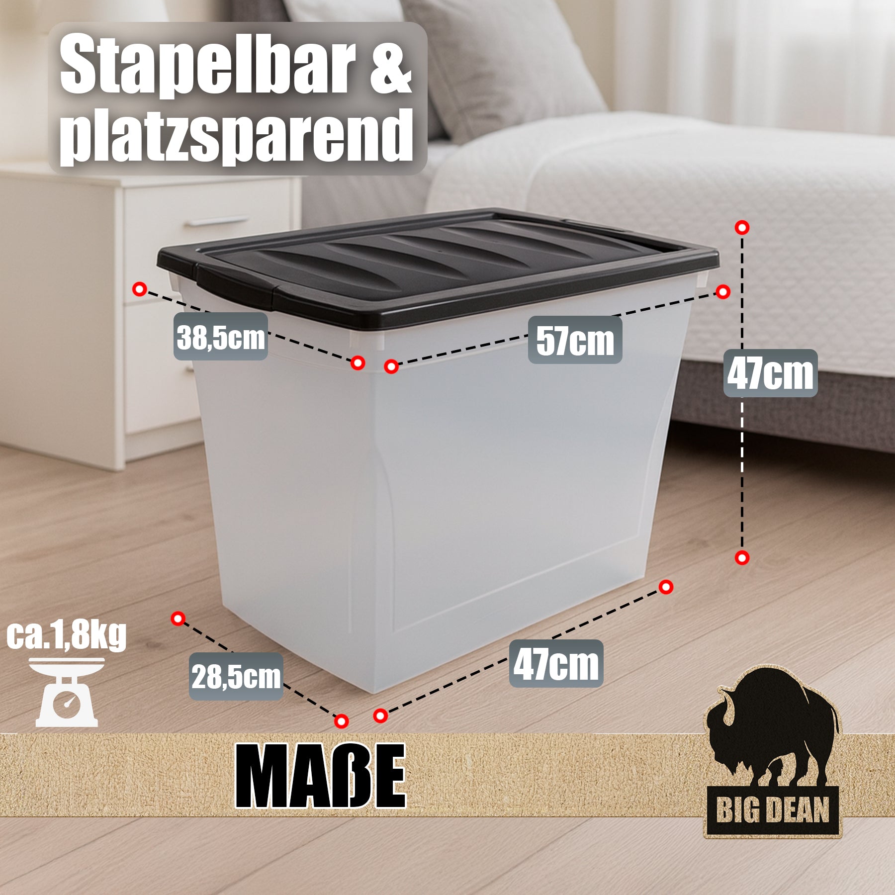 BigDean Aufbewahrungsbox 80L mit Deckel Rollen 4er-Set XXL