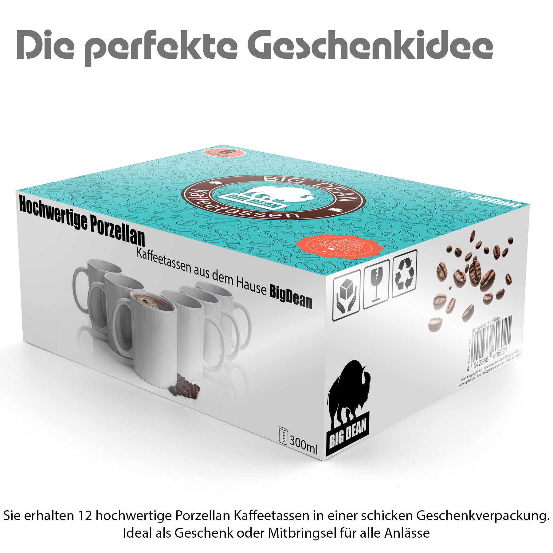 BigDean Kaffeebecher Weiß 300 ml Porzellan 12 Stück Set