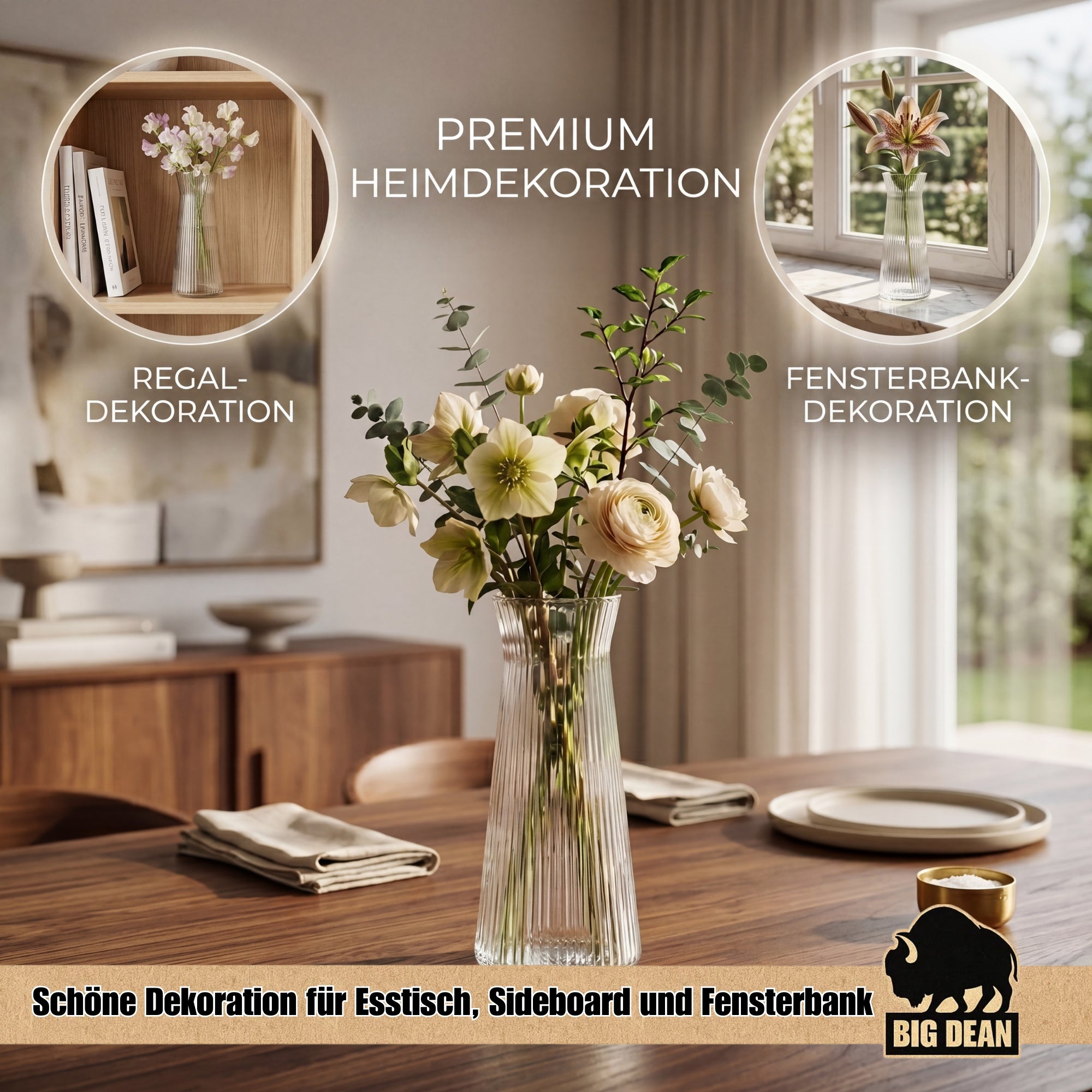 BigDean Haushalt Blumenvasen Glas Riffeldesign 25 cm 2er Set klar