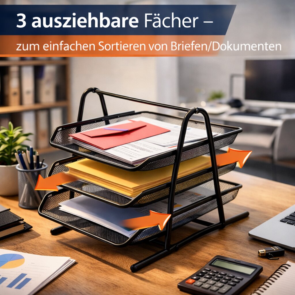 BigDean Büro Dokumentenablage Metall A4 3 Fächer Schwarz