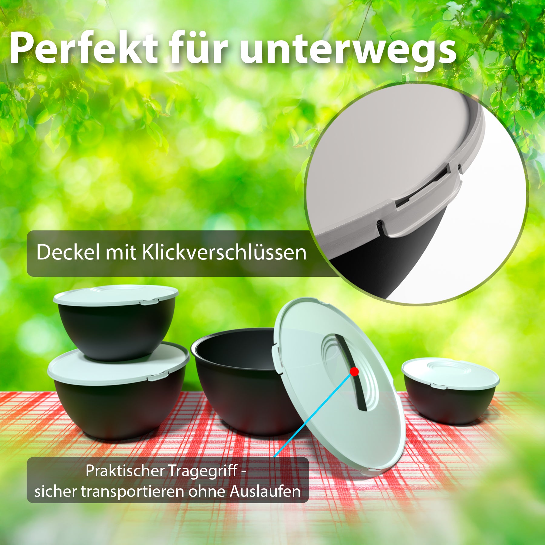 BigDean Küche Salatschüssel Set 4tlg 0,7-6L Anthrazit Deckel