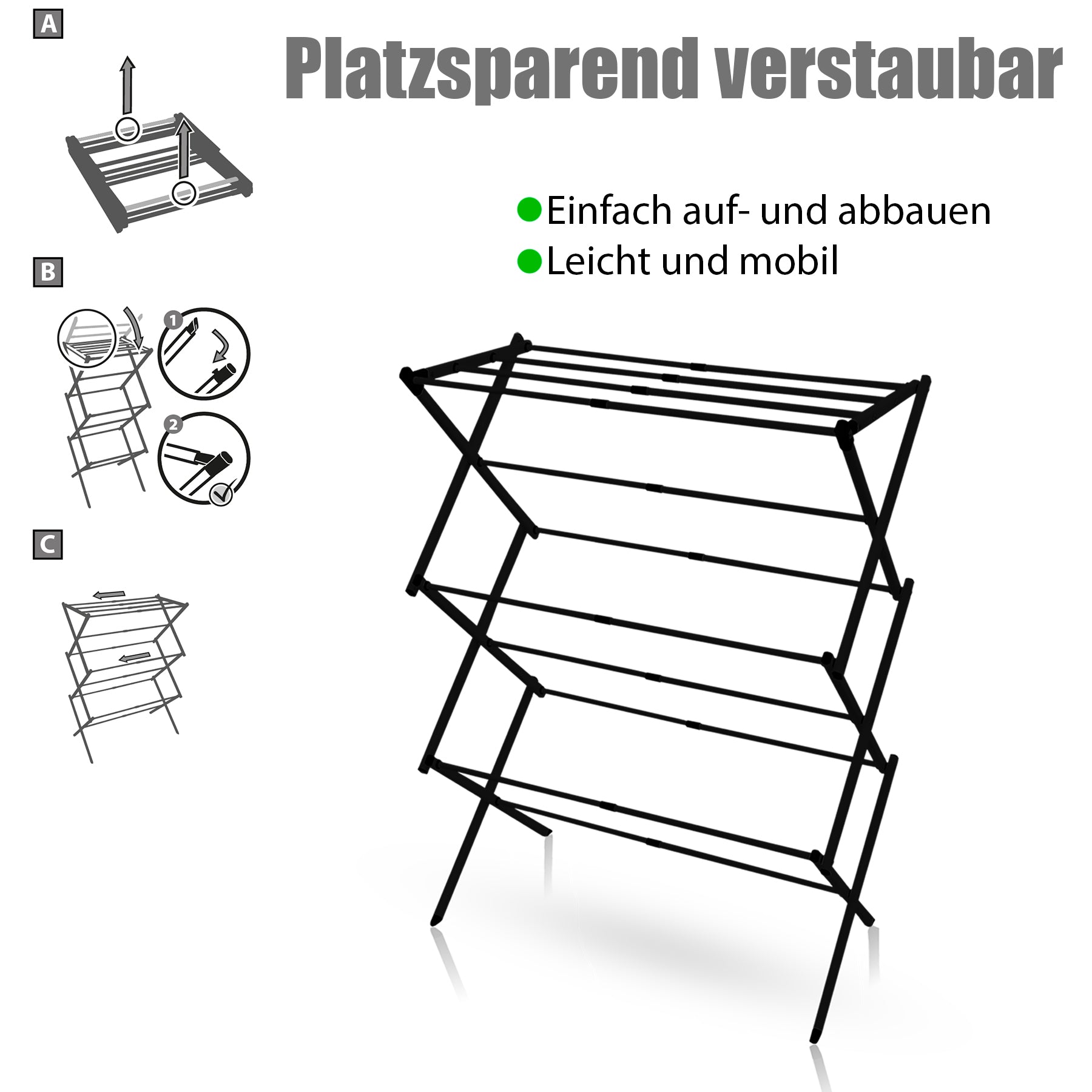 BigDean Wäscheständer Turm Schwarz 6 Ebenen klappbar