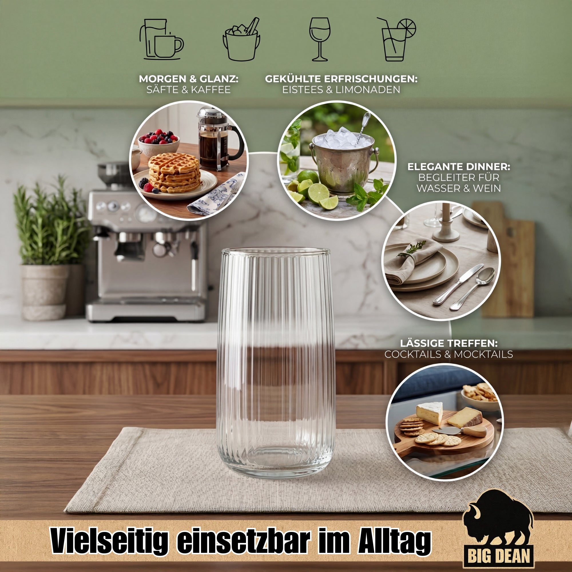 BigDean Trinkgläser Geriffelt 509ml Wassergläser 6er Set