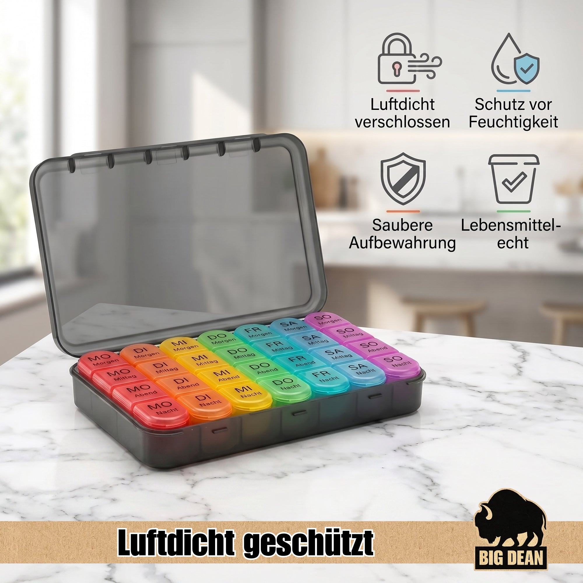 BigDean Tablettenbox 7 Tage 4 Fächer Pillendose tragbar