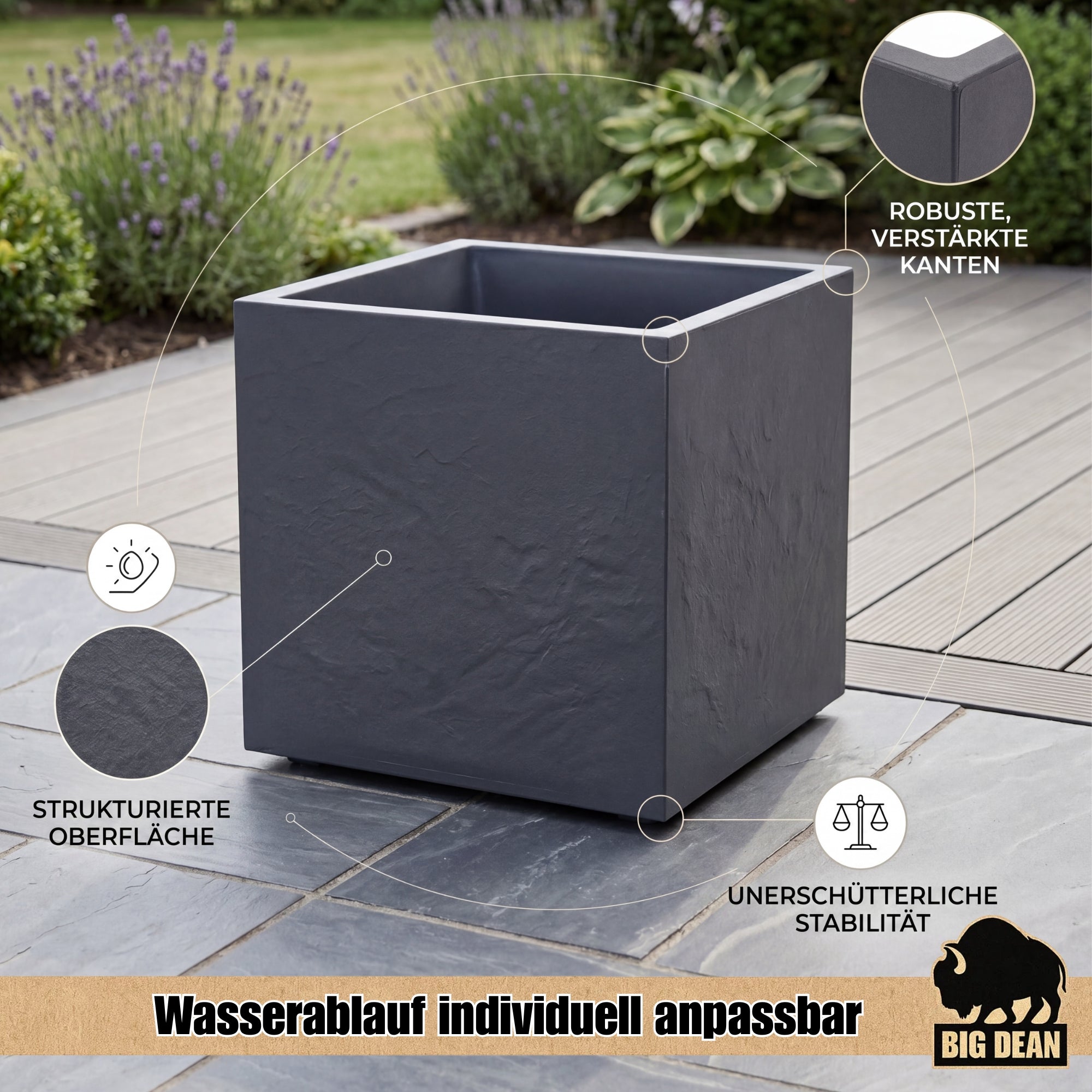 BigDean Garten Blumenkübel 50x50x50cm Steinoptik doppelwandig