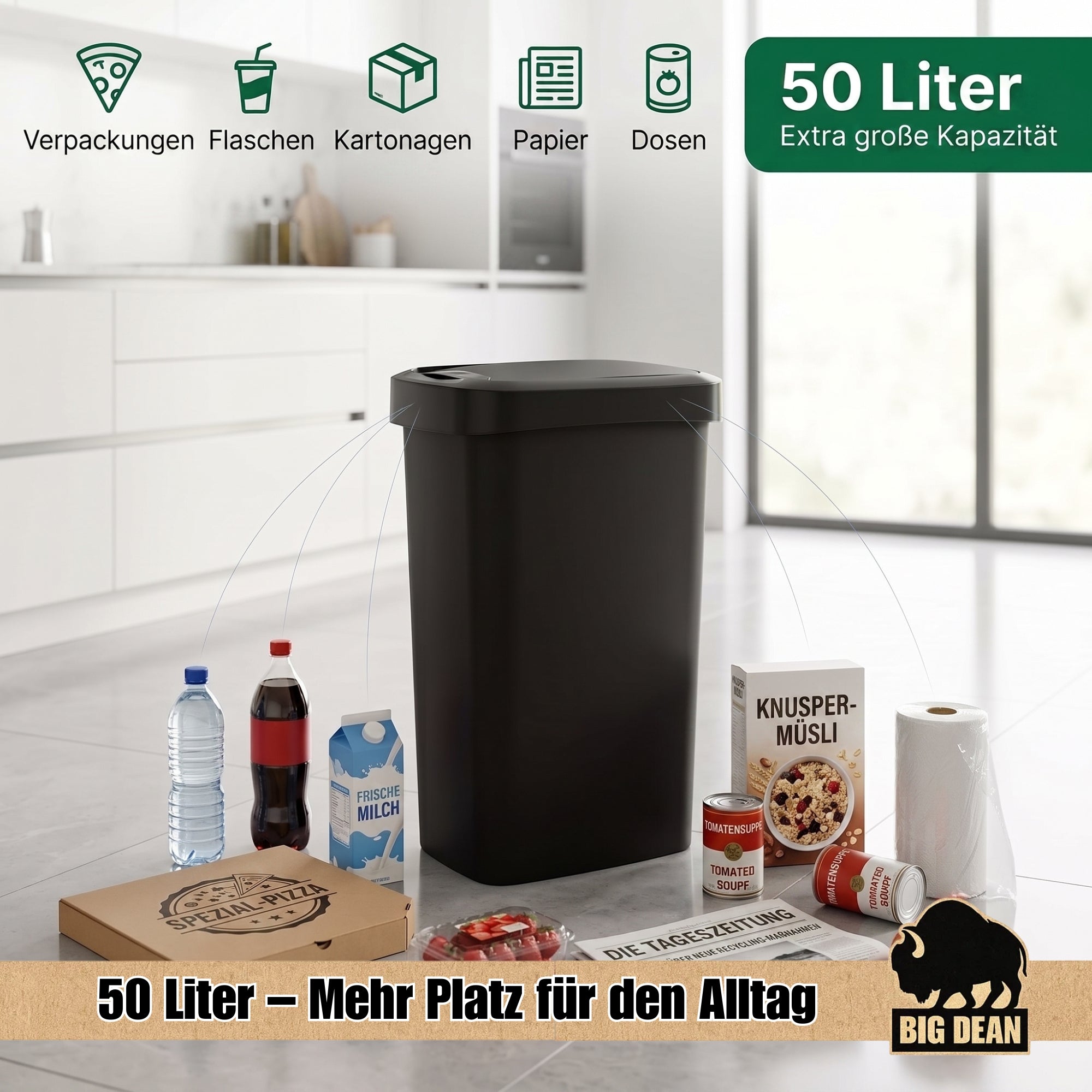 BigDean Mülleimer 50l mit Deckel Schwingdeckel Made in Germany
