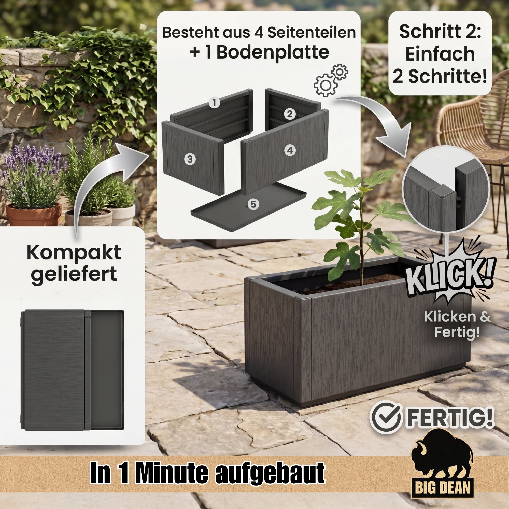 BigDean Blumenkasten 80 L Pflanzkübel 80x36x35 anthrazit