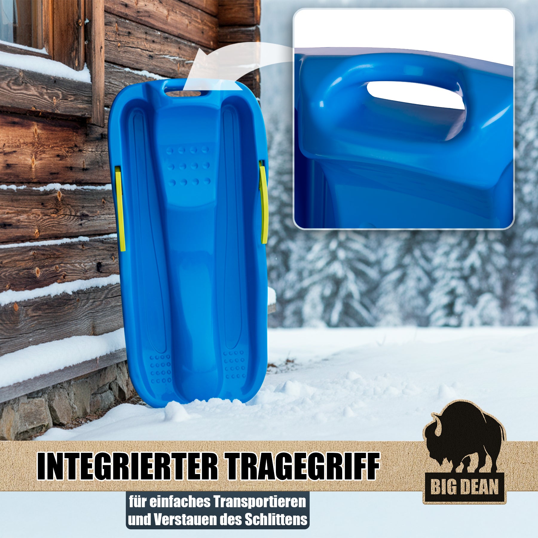 BigDean Premium Schlitten Blau mit Bremse Lenkschlitten