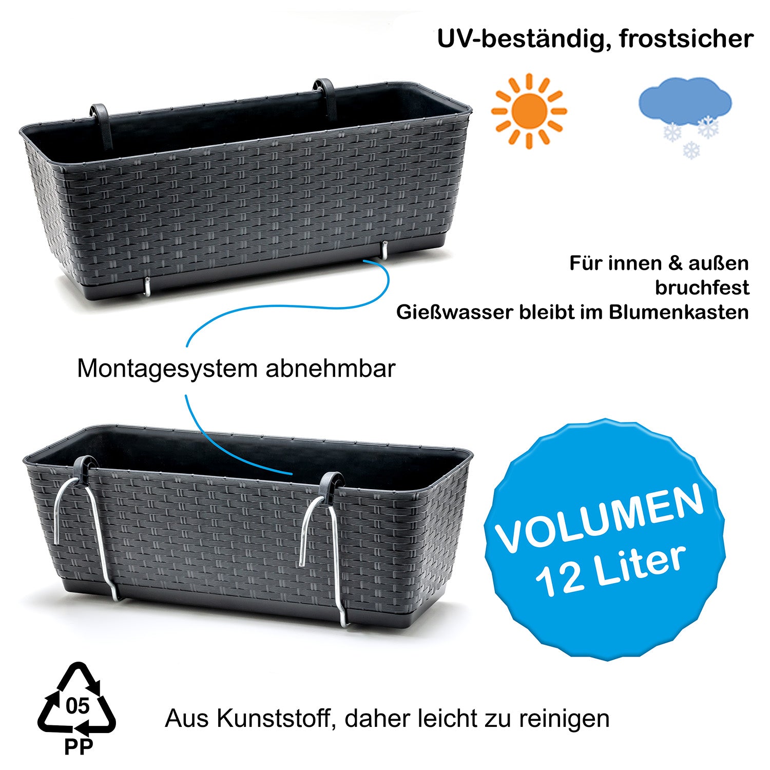 BigDean Garten 4er Blumenkästen Rattan 49 cm Anthrazit Bewässerung
