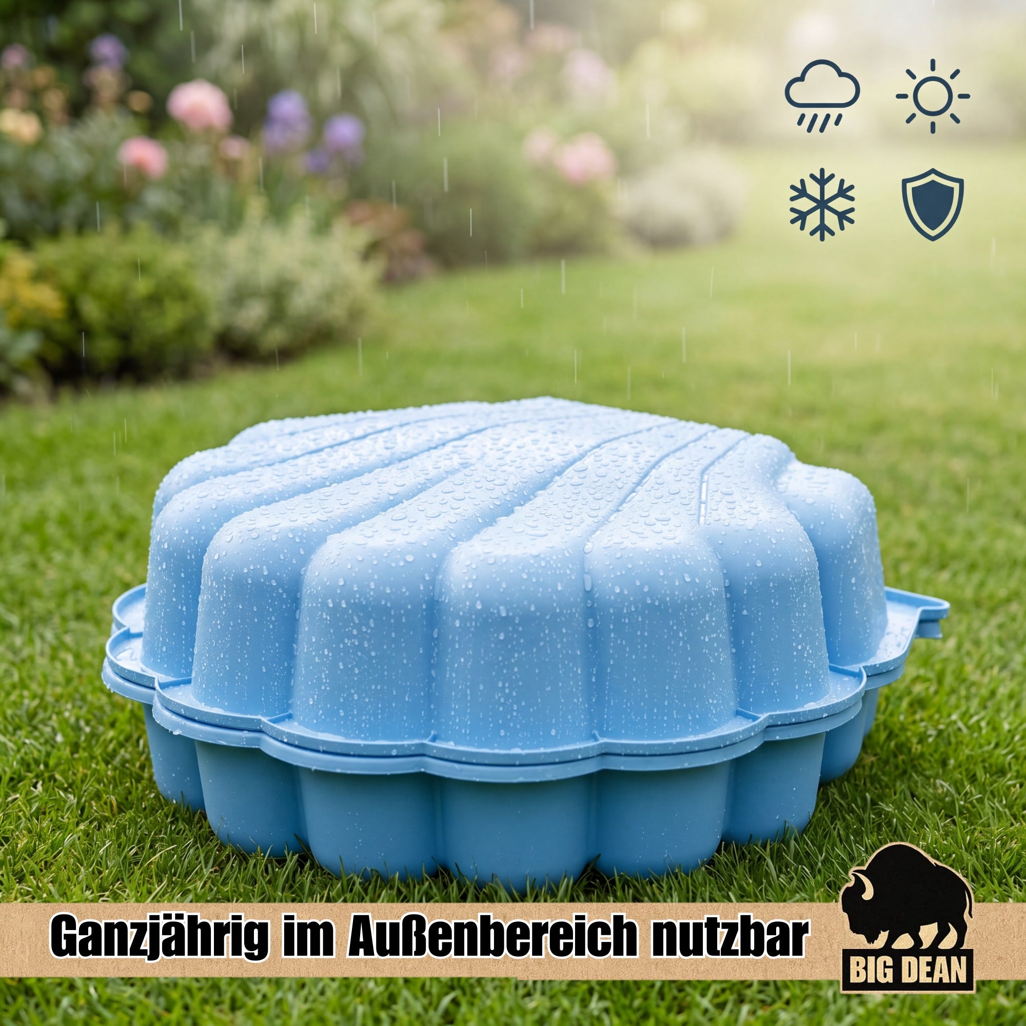 BigDean XXL Sandmuschel Sandkasten mit Deckel Blau