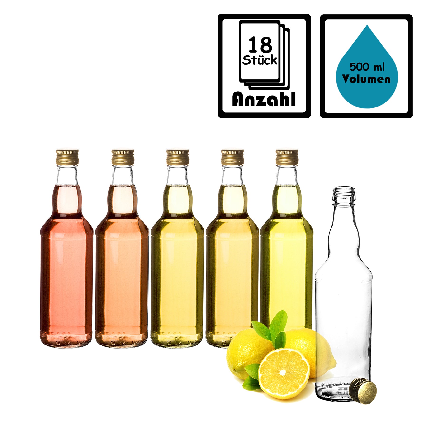 BigDean Glasflaschen 500 ml Schraubverschluss Gold 18 Stück