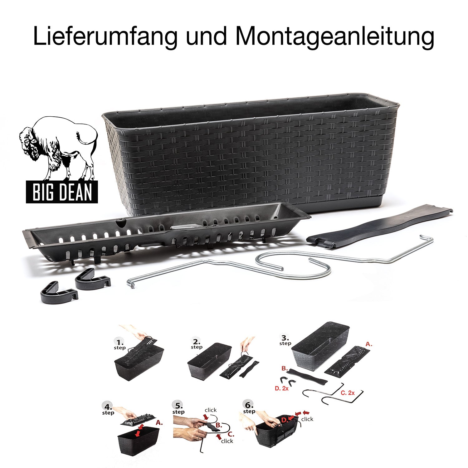 BigDean Blumenkästen 39cm Anthrazit Rattan 4er Set Bewässerung