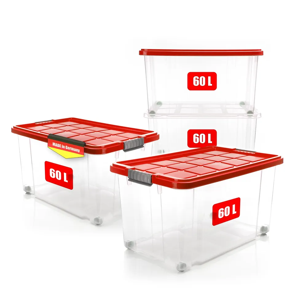 BigDean Aufbewahrungsbox 60L 4er Set Box mit Deckel Rot