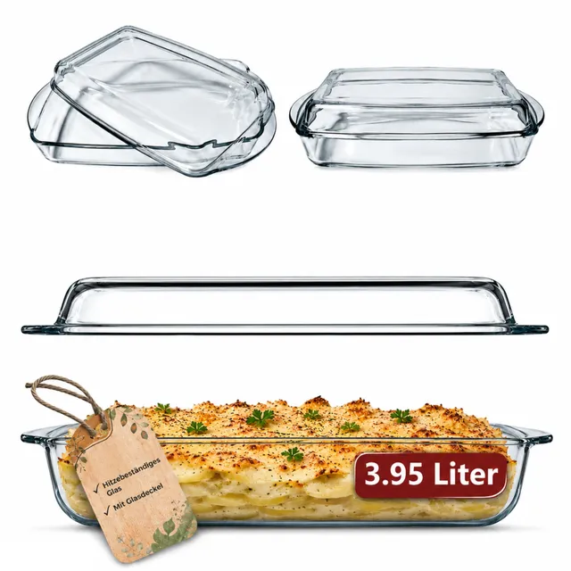 BigDean Küche Auflaufform mit Deckel 3,95 L Glas rechteckig Griffe