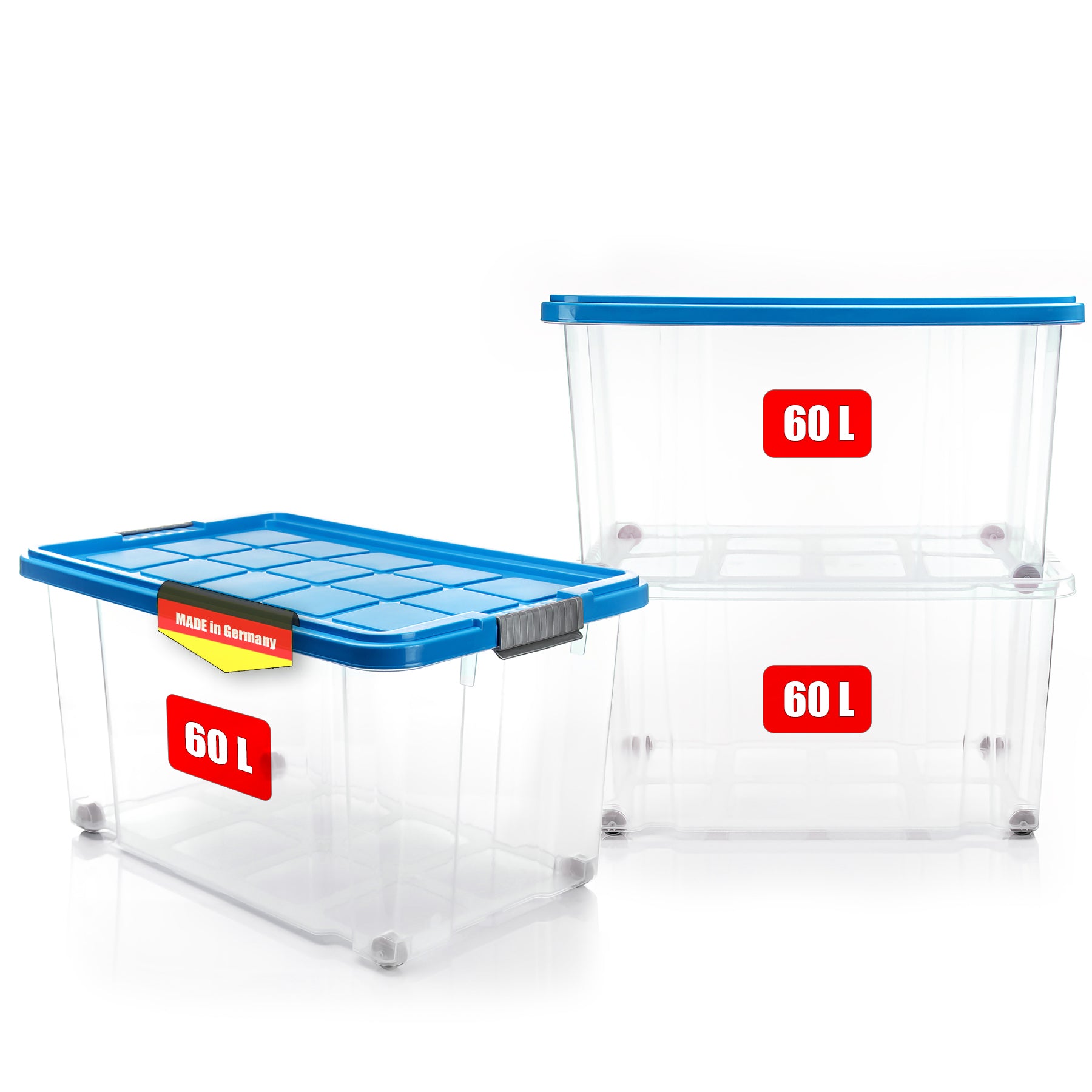 BigDean Aufbewahrungsbox 60L Azurblau Deckel 3er Set