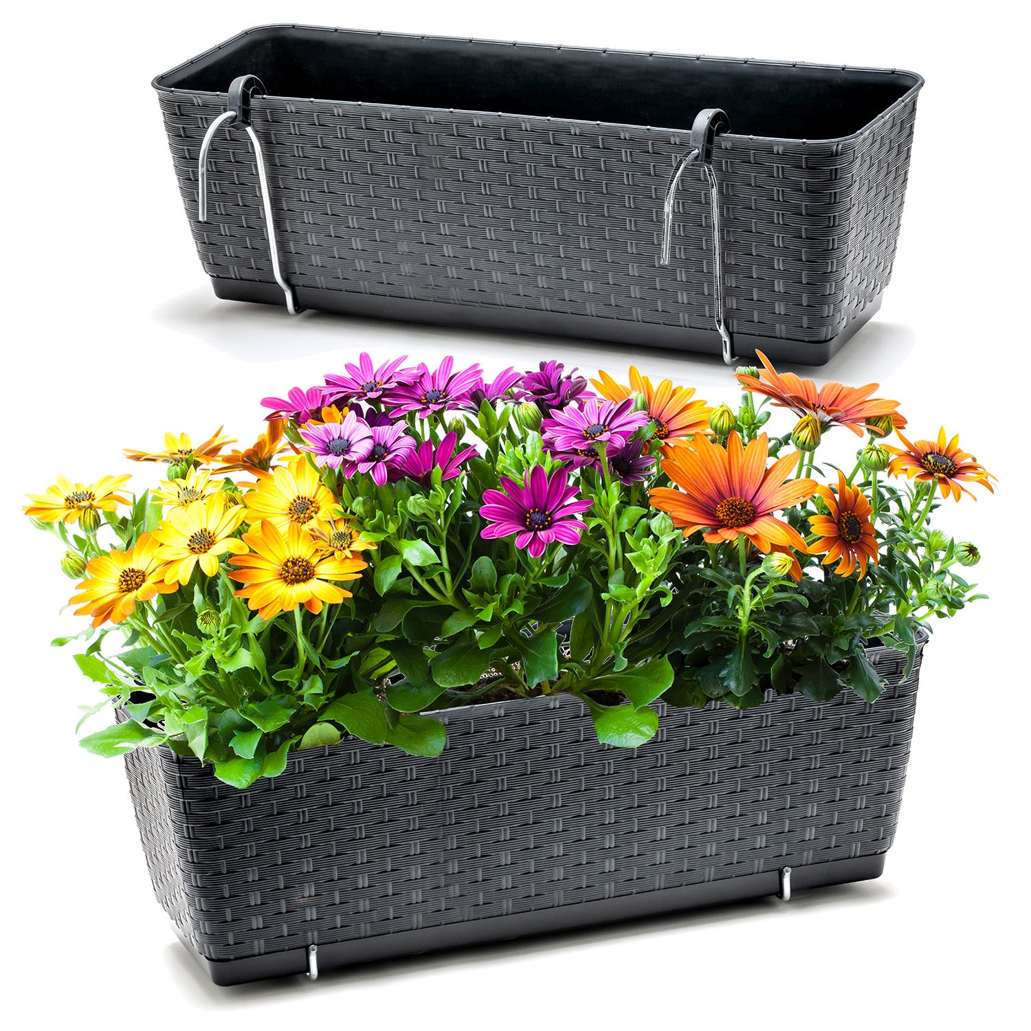 BigDean Blumenkasten Rattan-Optik 49 cm 2er Set Anthrazit