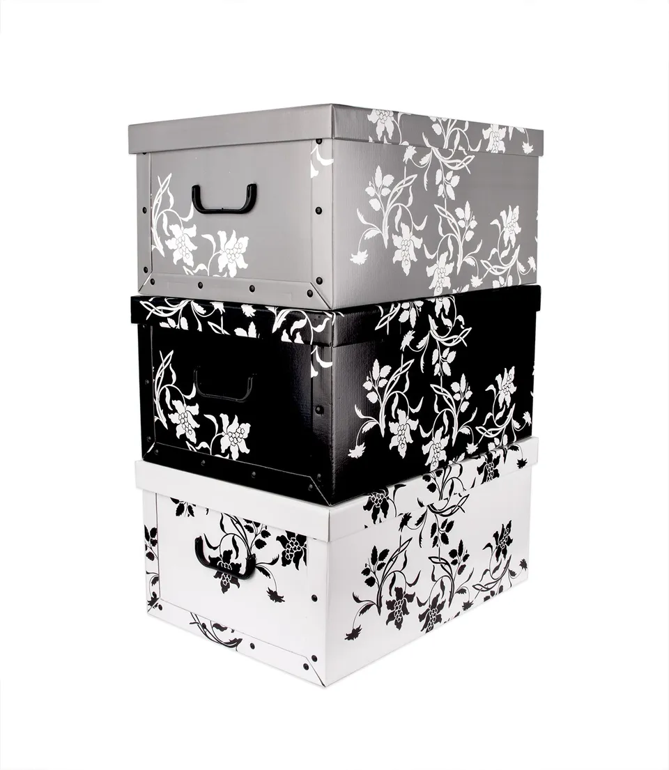 BigDean Aufbewahrungsboxen XXL 3x45L Pappe Barock-Blumen