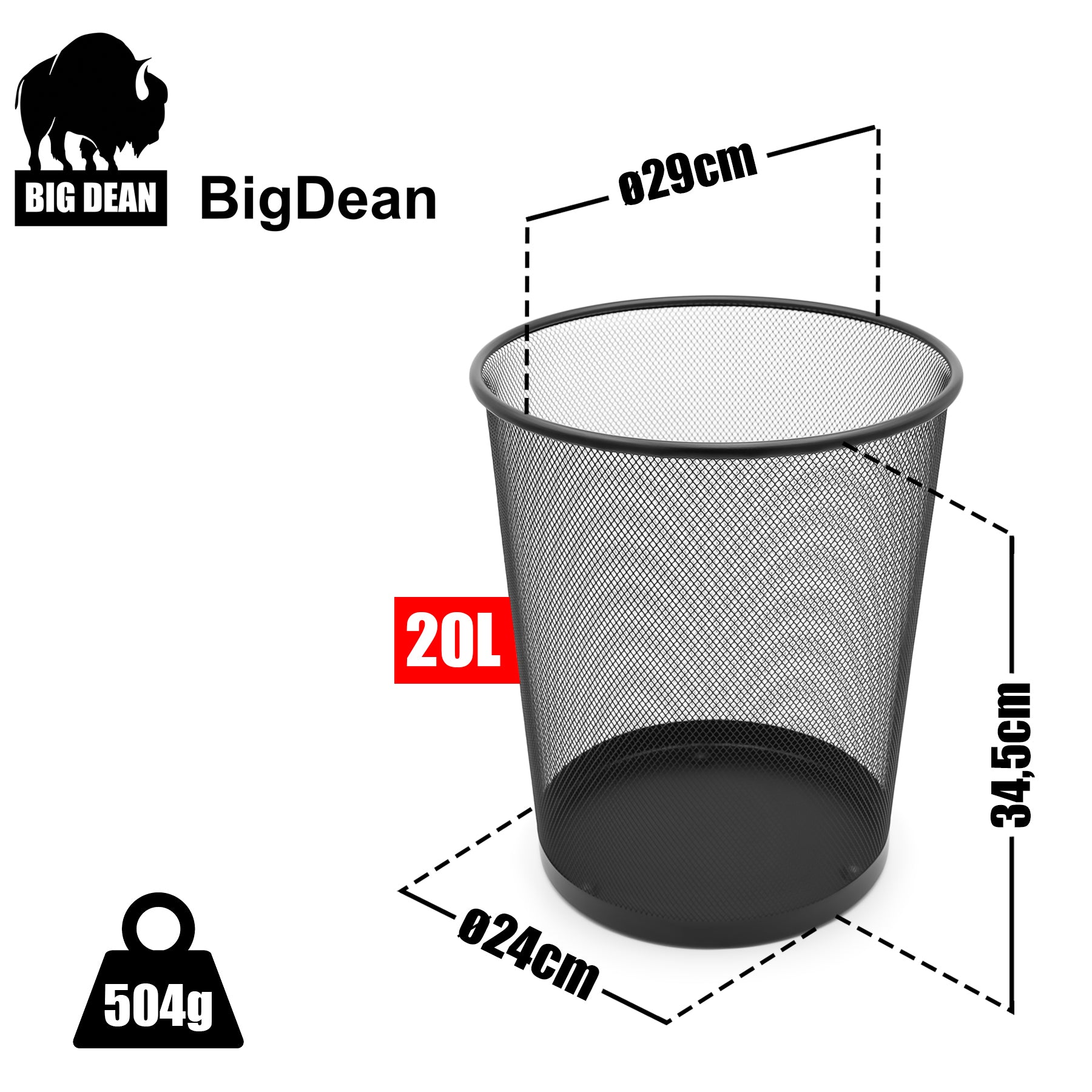 BigDean Haushalt Papierkorb Büro 20L schwarz Draht 34cm