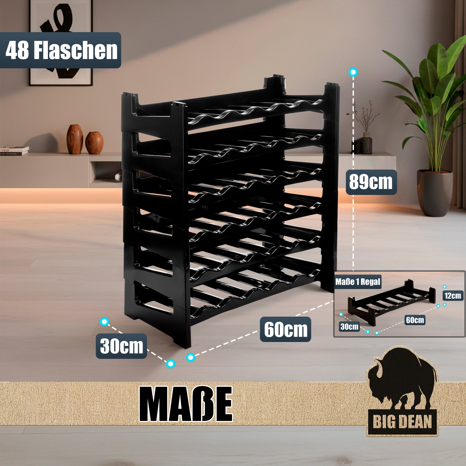 BigDean Küche Flaschenregal stapelbar 48 Flaschen schwarz