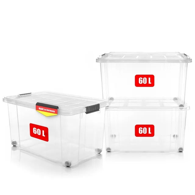 BigDean Aufbewahrungsbox 60L transparent 3er stapelbar