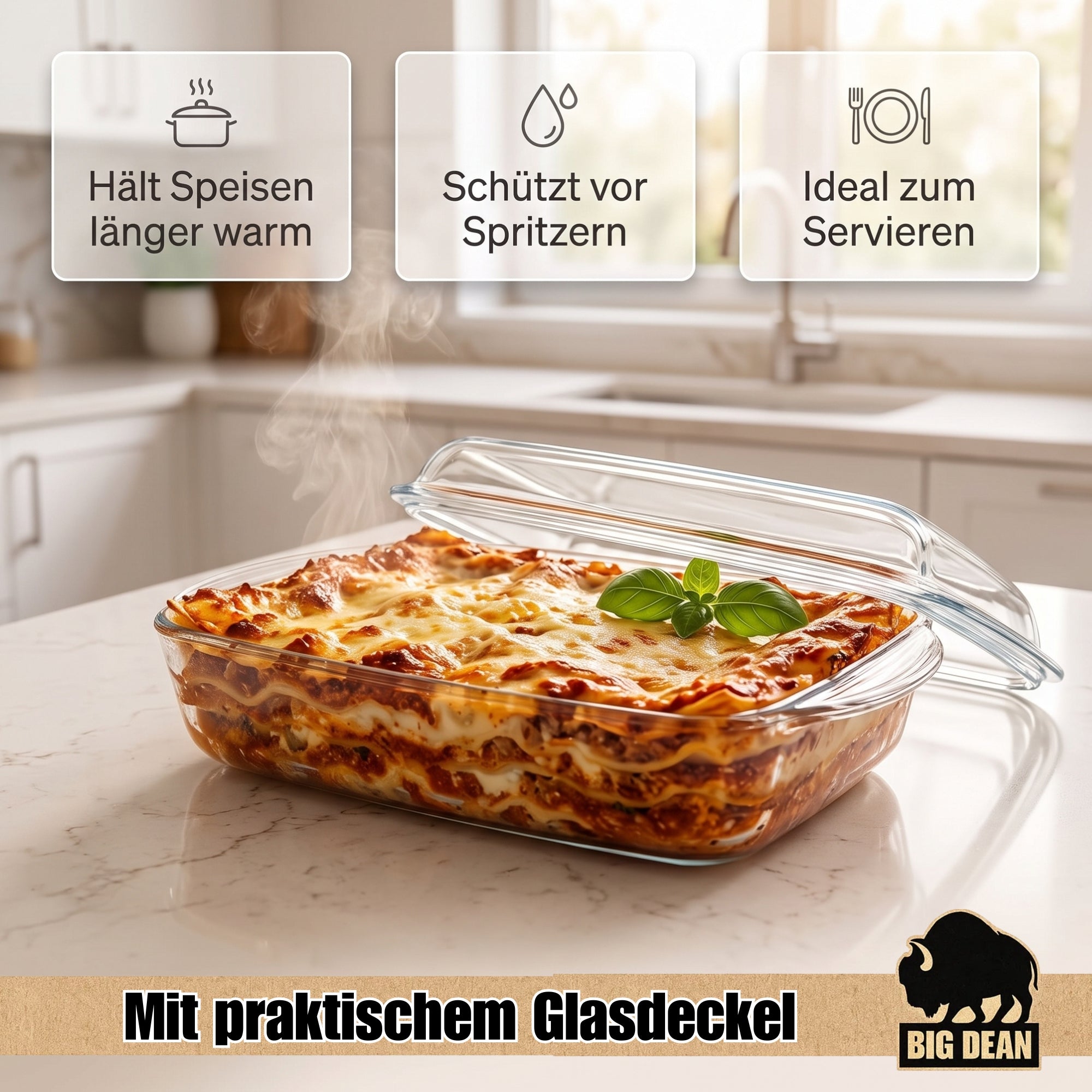 BigDean Küche Auflaufform mit Deckel 3,95 L Glas rechteckig Griffe