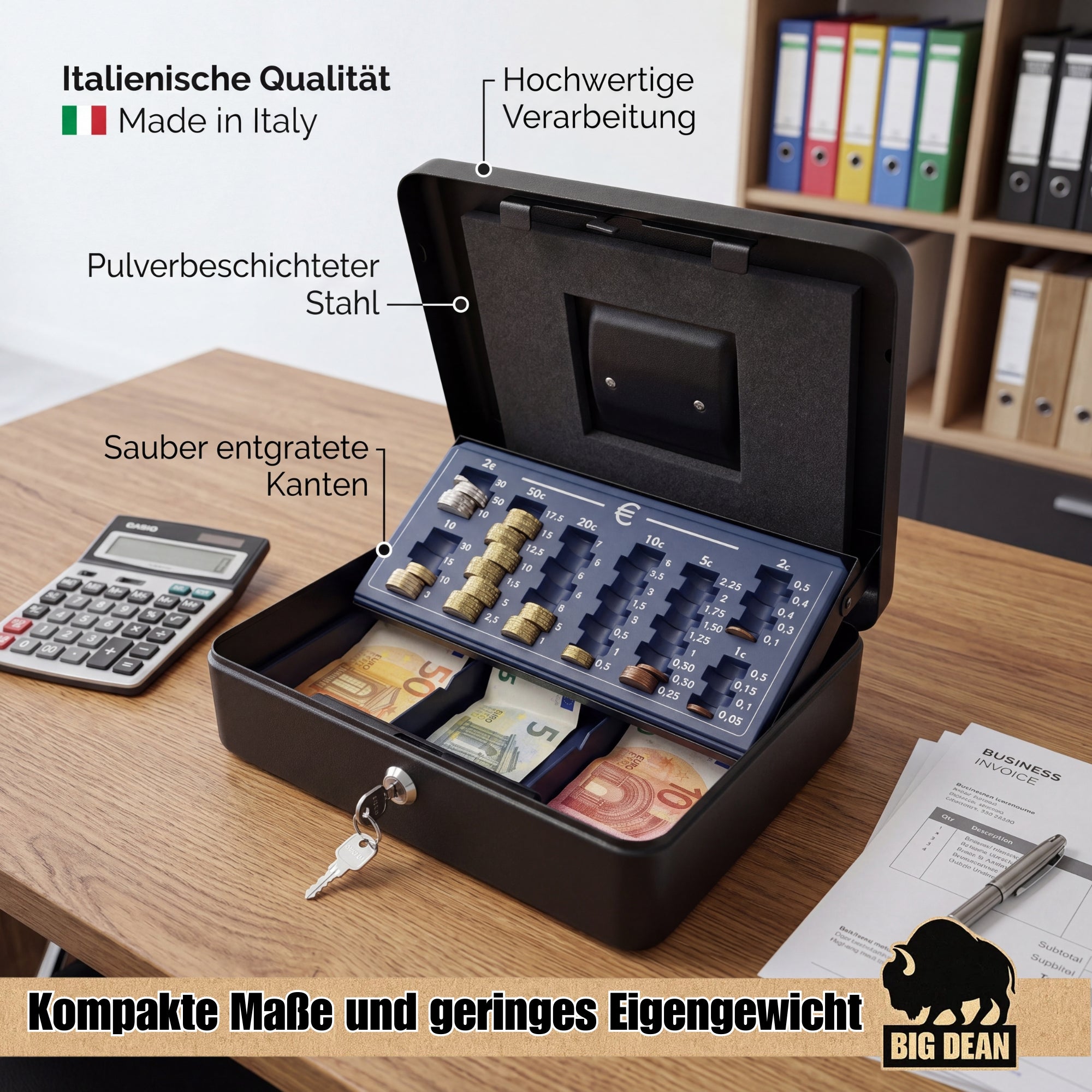 BigDean Geldkassette 30x24x9cm schwarz Münzzählbrett Stahl