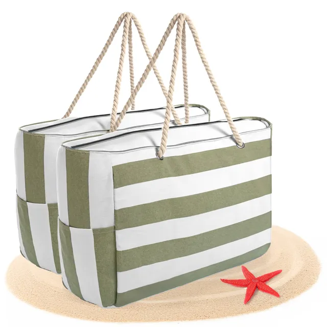 BigDean Strandtasche XXL Badetasche Grün-Weiß 53x38x20cm