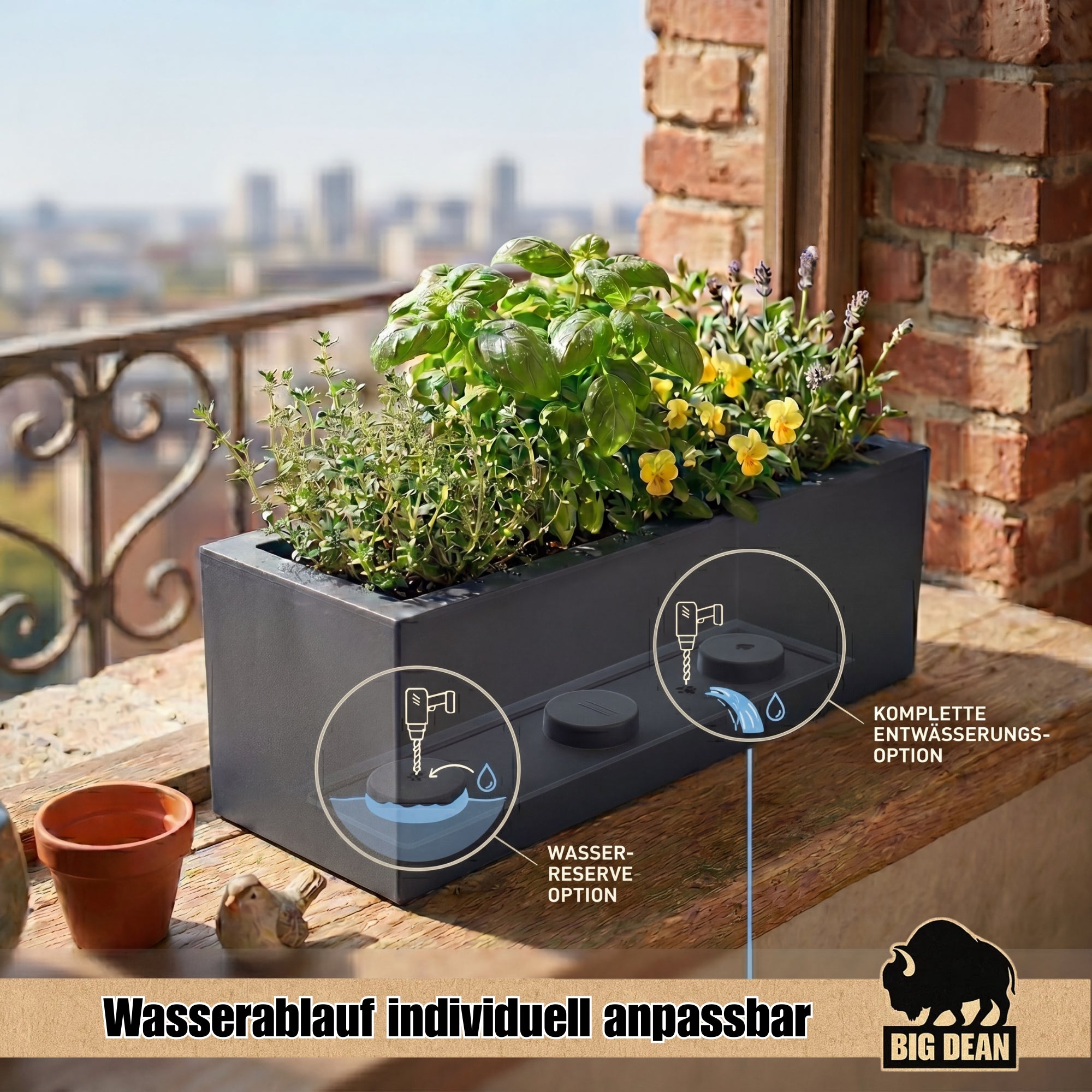 BigDean Balkonkasten 25L mit Wasserspeicher Steinoptik Pflanzkübel
