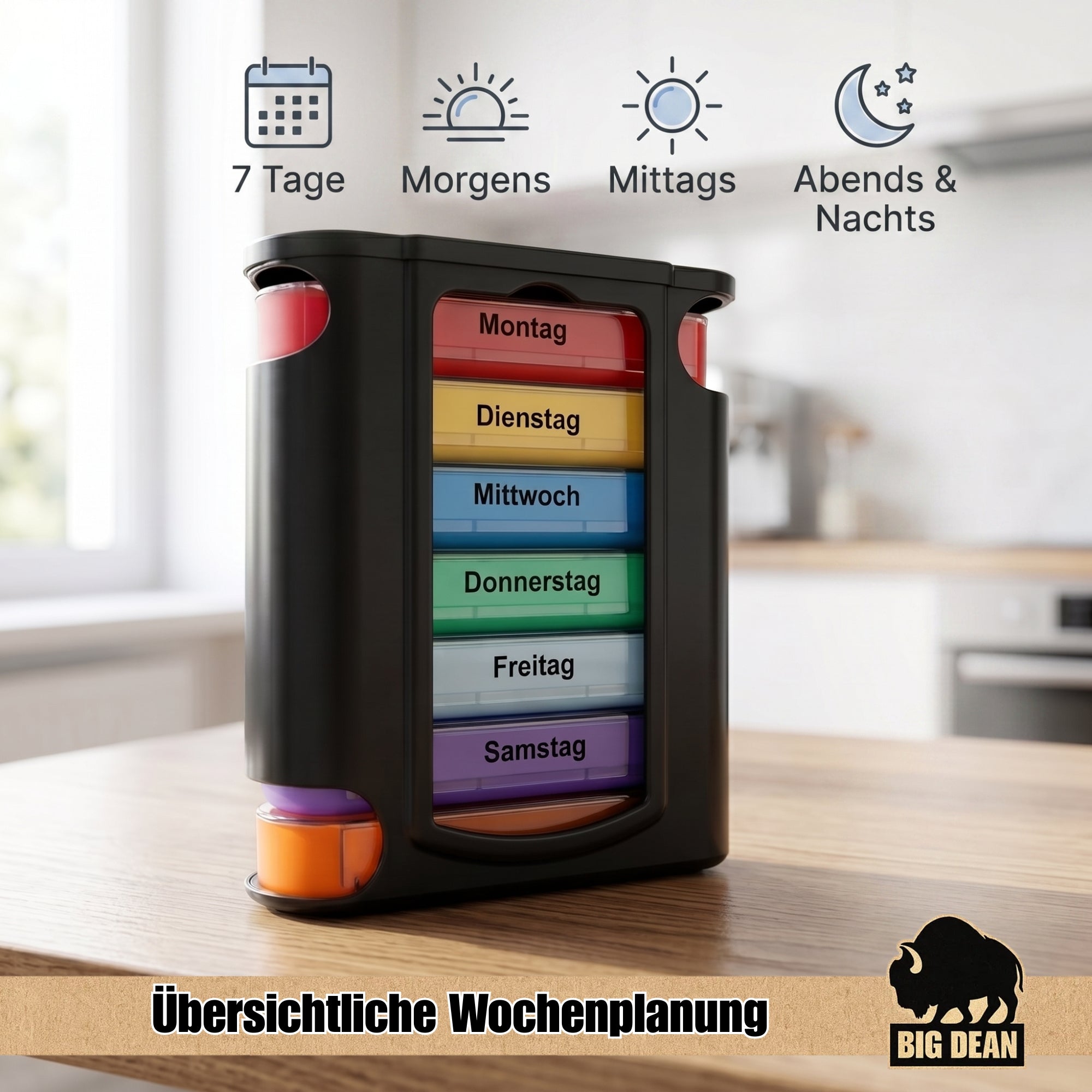 BigDean Haushalt Tablettenbox 7 Tage Pillendose schwarz 4 Fächer