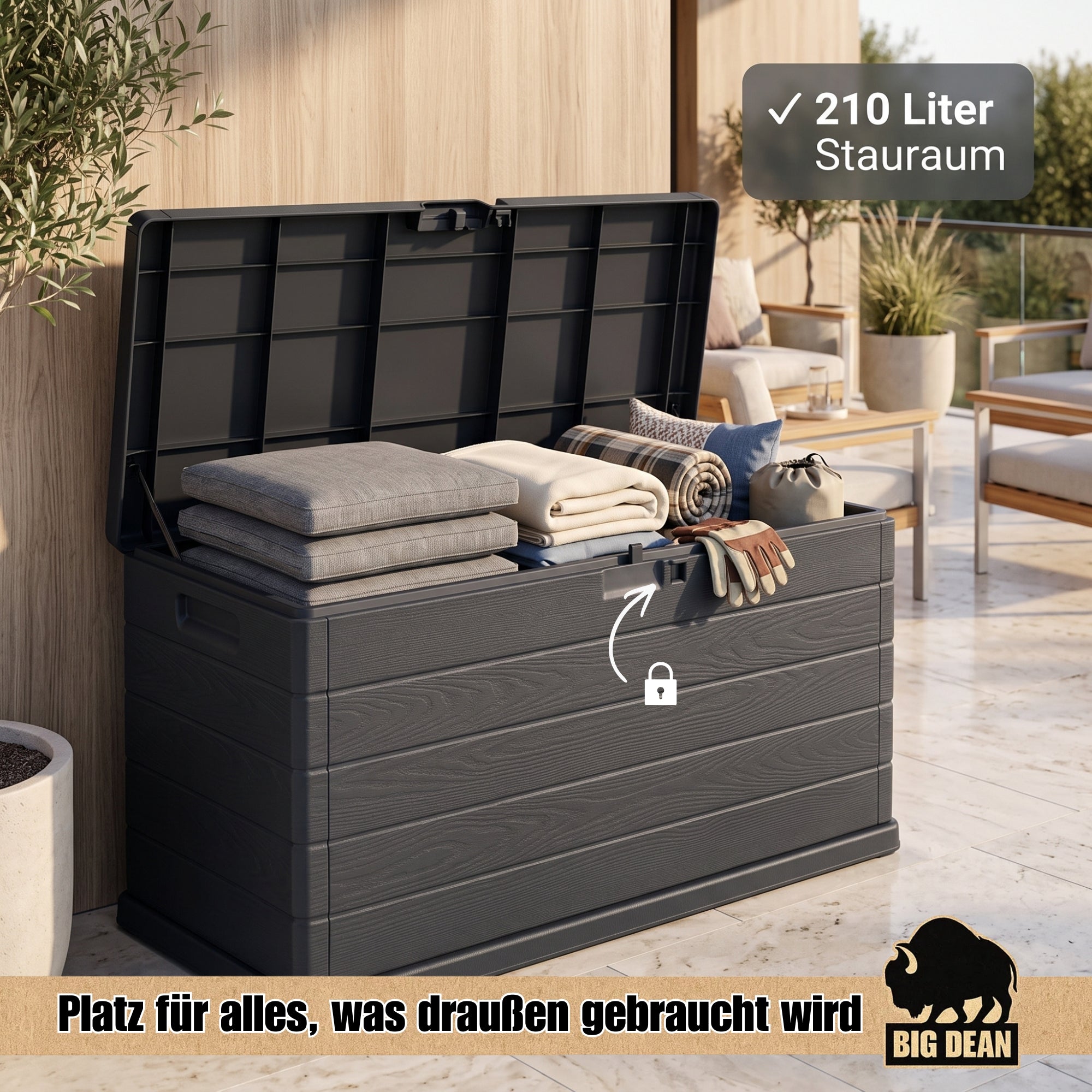 BigDean Kissenbox 210 Liter schmal Holzoptik
