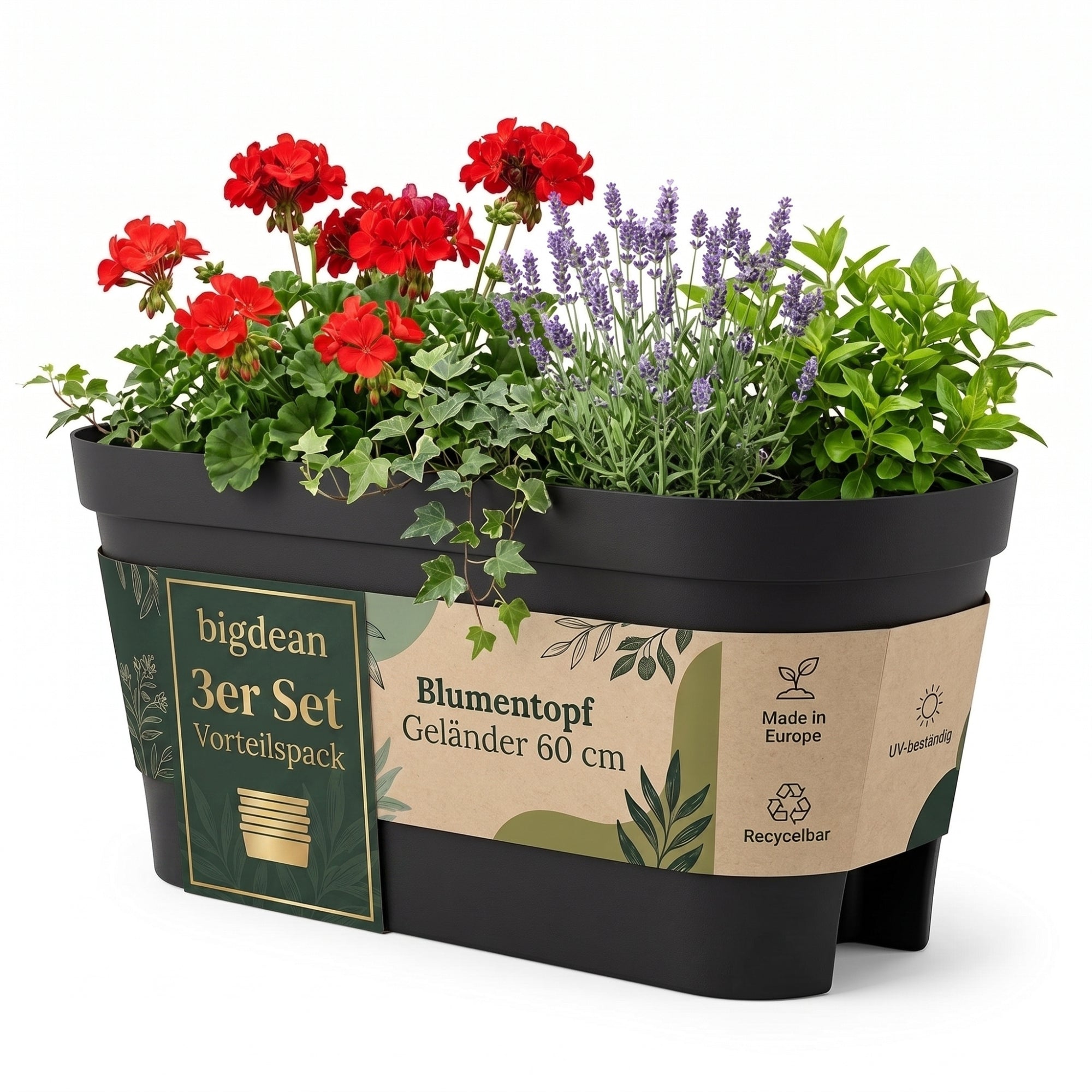 BigDean Garten Blumenkasten 60cm Anthrazit 3er Set Halterung
