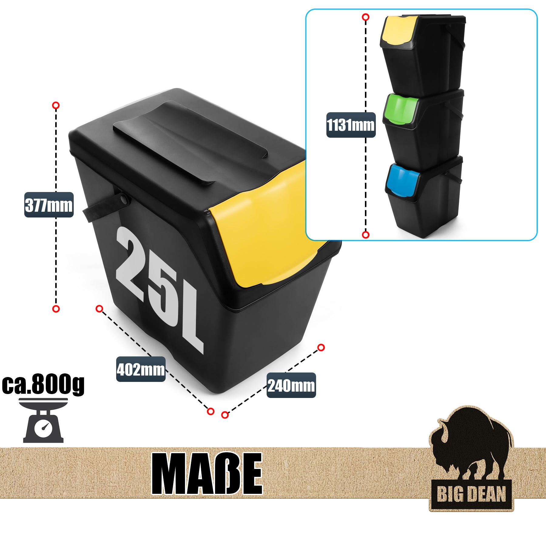 BigDean Haushalt Mülltrennsystem 3x 25 L stapelbar 3 Fächer