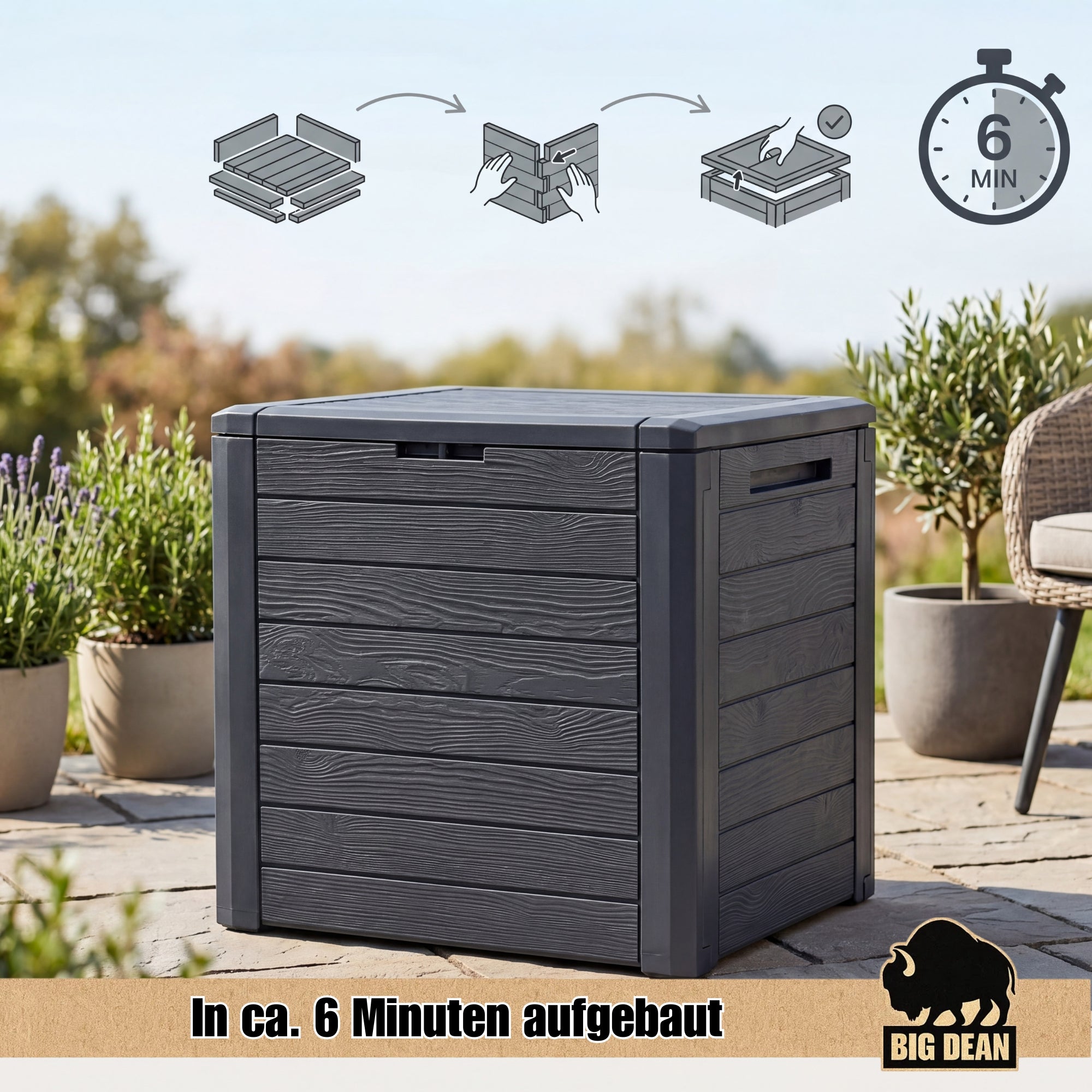 BigDean Gartenbox 140 Liter Auflagenbox Holzoptik klein