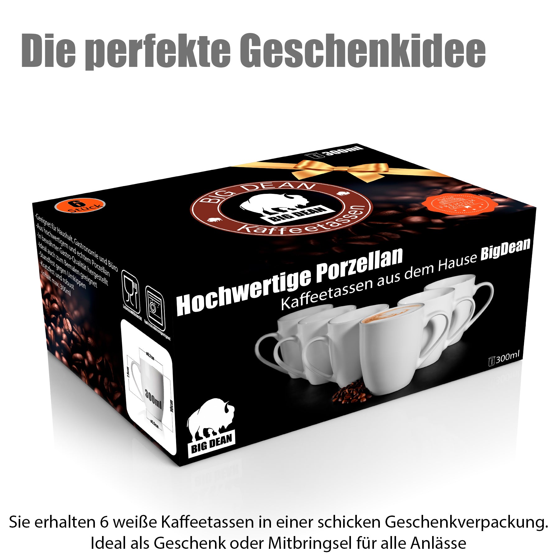 BigDean Kaffeebecher Porzellan 300ml Tassen 6er Weiß Geschenkbox