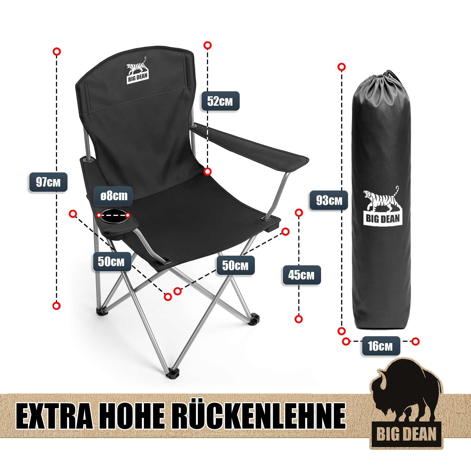 BigDean Campingstuhl hohe Lehne 2er Set 150kg faltbar